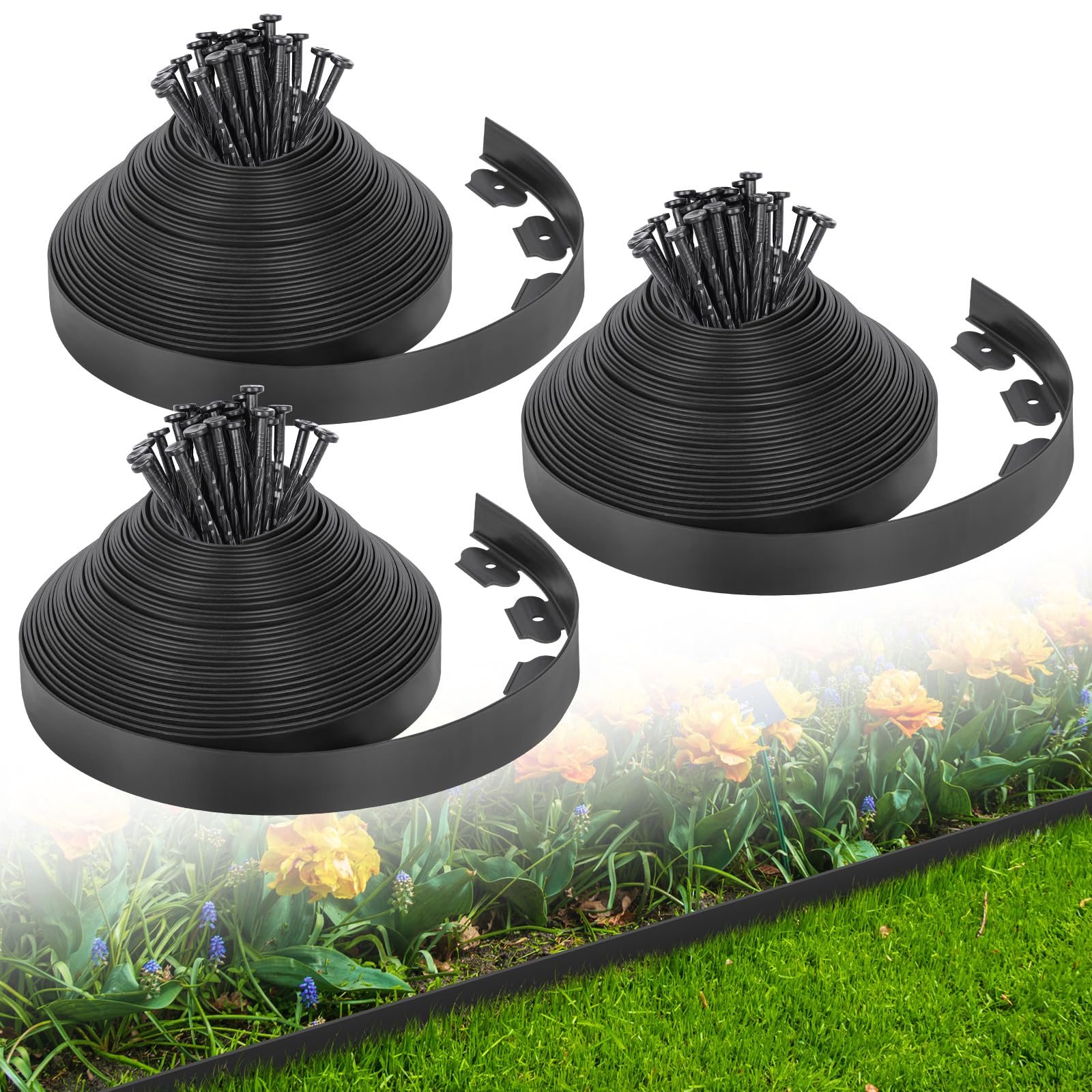 AOIZGMY  2 Inch x 200 FT Landscape Edging Border Kit 300 Stakes Flexible Plastic No Dig Lawn Edging for Garden Flower Beds Yard Pathway Paver