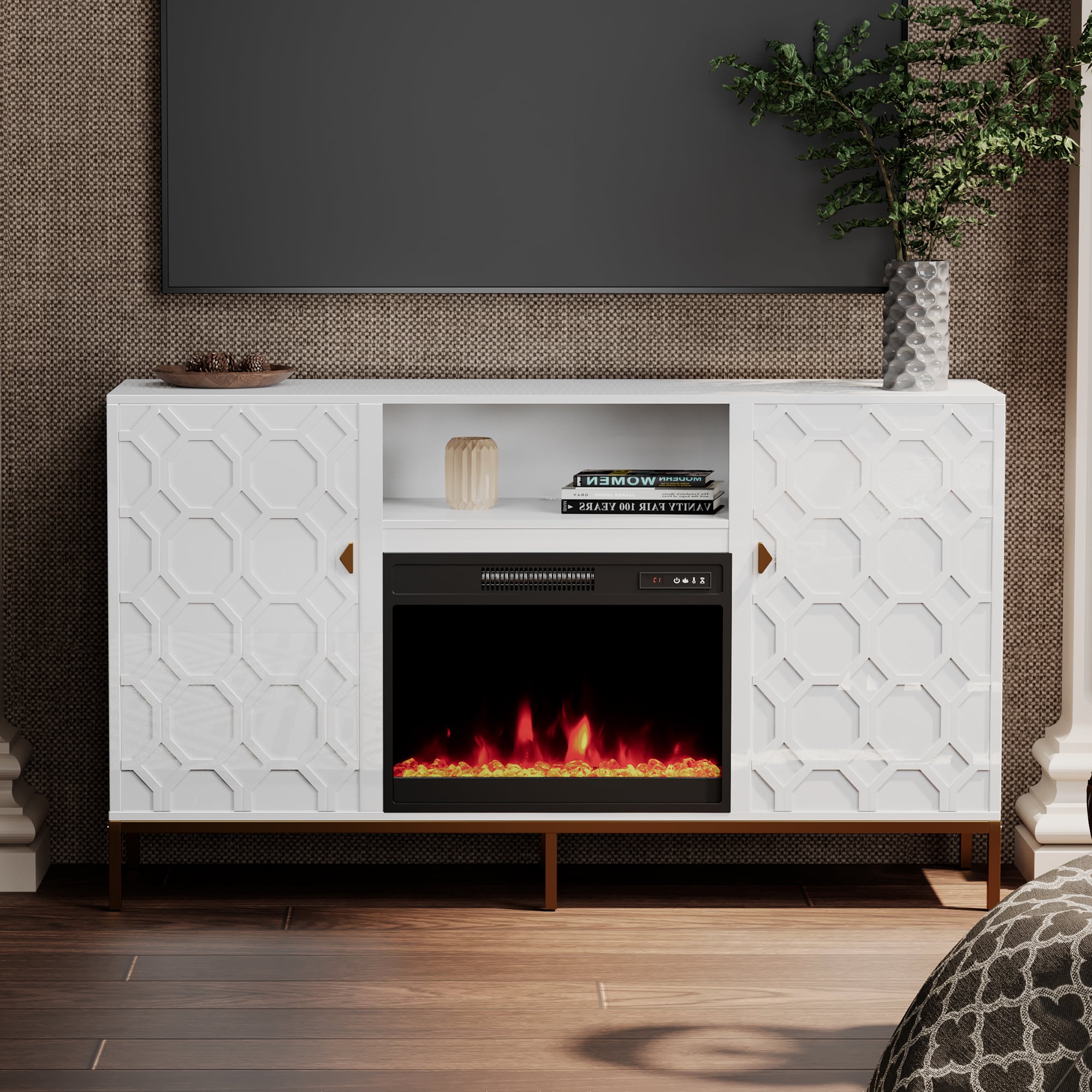 Clihome CL-JH0523-WH 59.5-Inches W White TV Stand with Fan-forced Flat wall Electric Fireplace with Remote Control Included