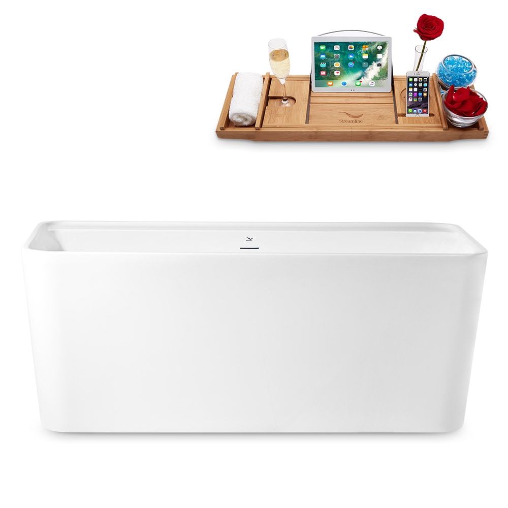 Streamline N2140BNK 27.6-in x 59.1-in Glossy White Acrylic Freestanding Soaking Bathtub with Drain (Center Drain)