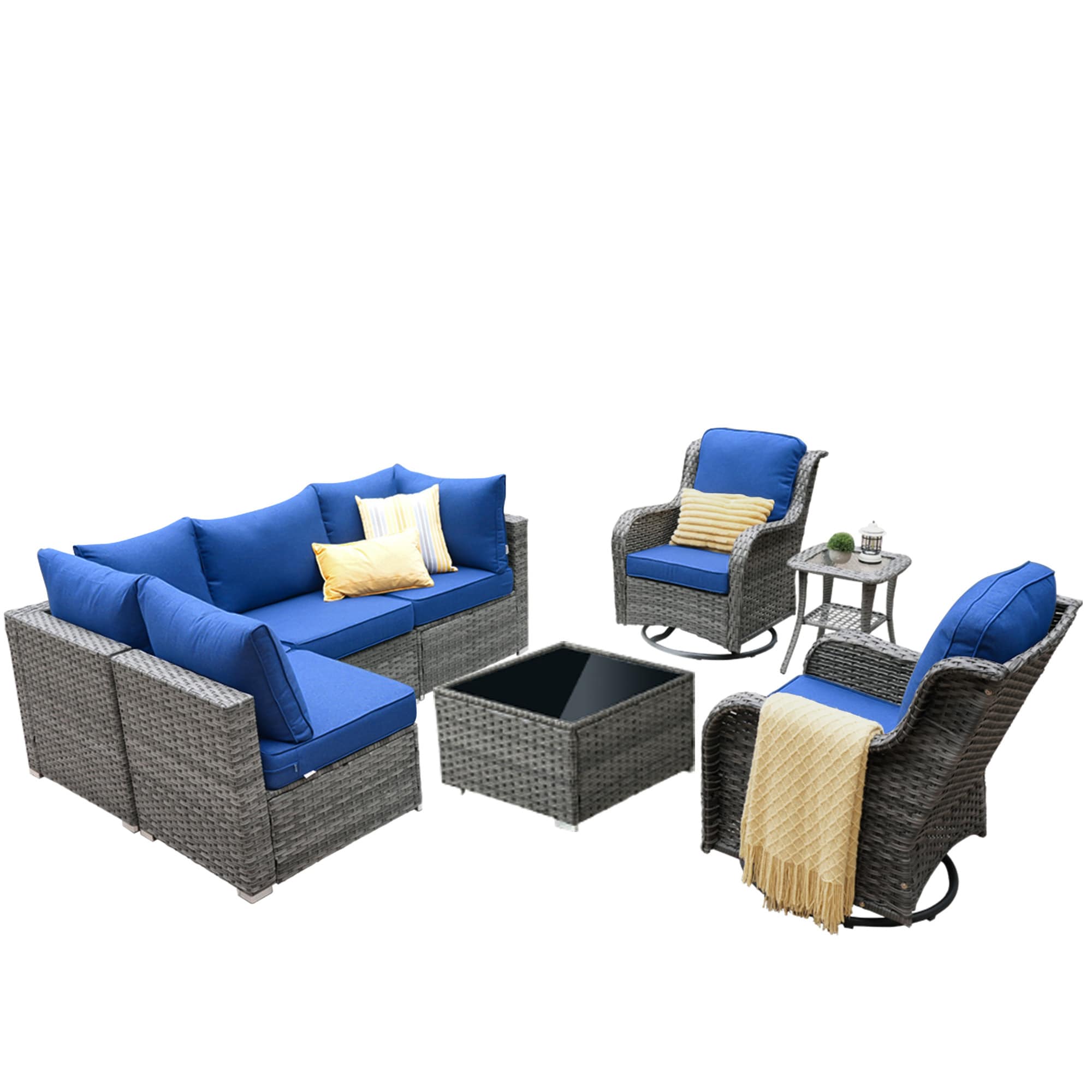 weaxty DDFPRRSGRS708 Kuuga Rattan Outdoor Sectional with Blue Cushions and Steel Frame