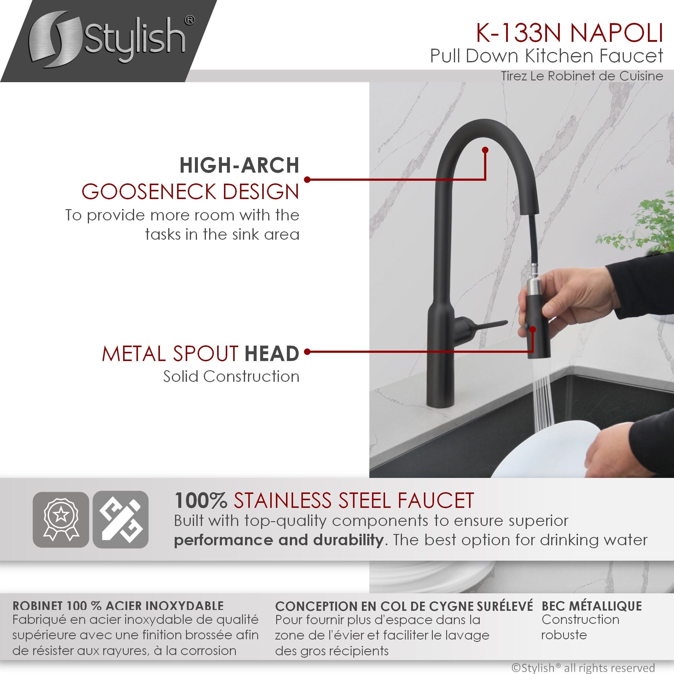 Matte Black Stainless Steel Pull Down Kitchen Faucet with Spray