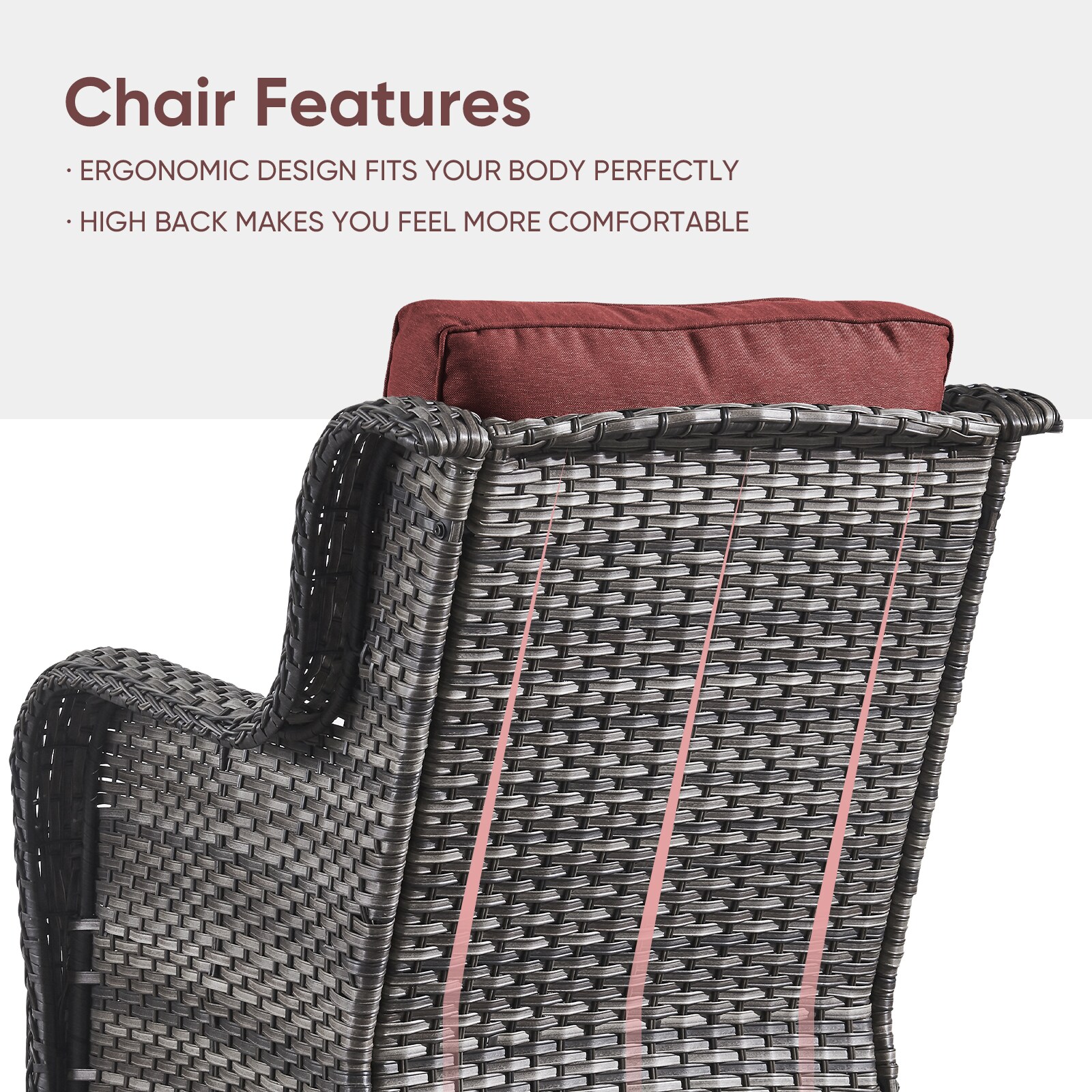 Grey and Red Outdoor Wicker Rocking Lounge Chairs with Cushions