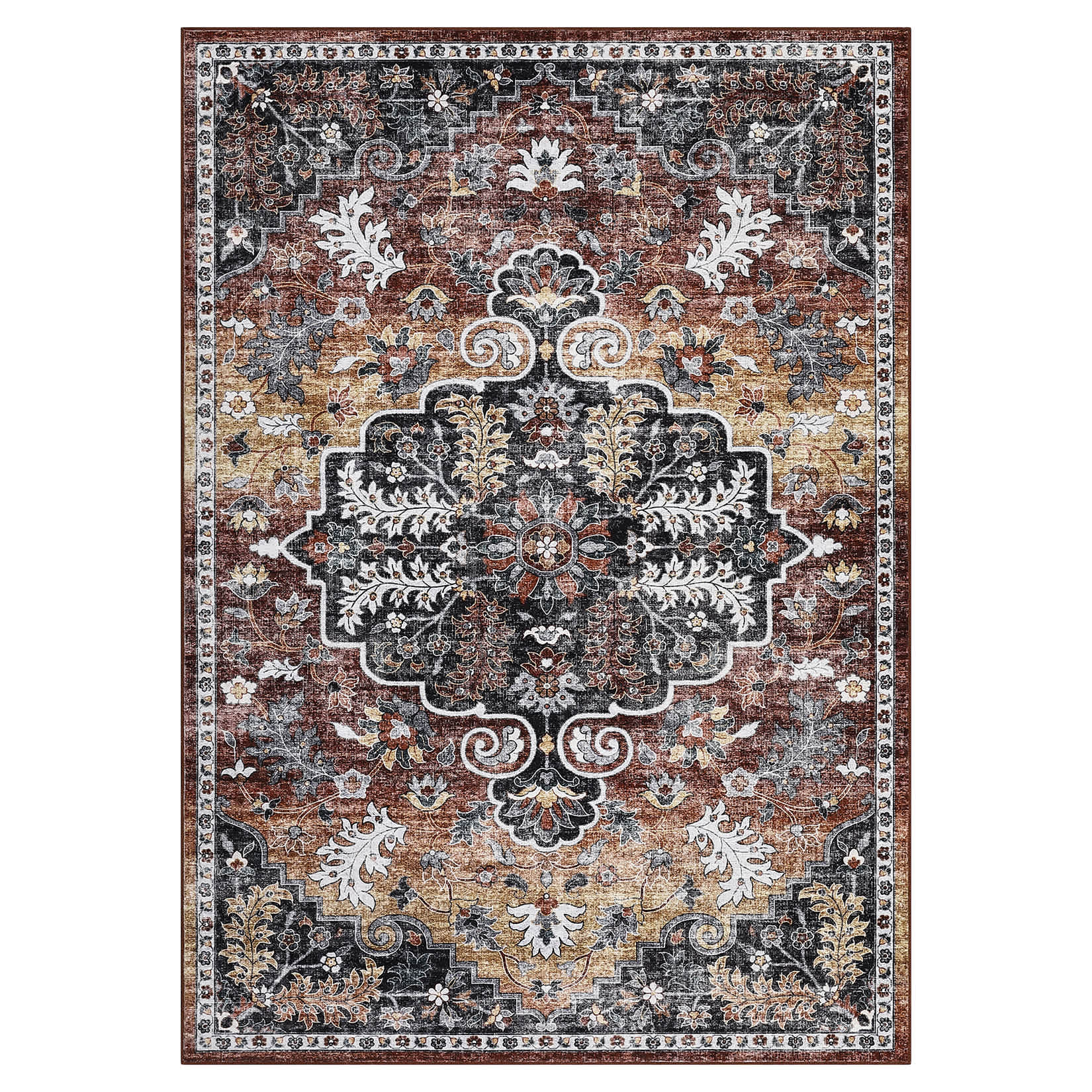 Qeetex LSN-PHO-353MFCTP 8 x 10 ft Polyester Cashmere Imitation Brown Red Rectangular Hallway Bathroom Entryway Kitchen Office Foldable Flower Printed Persian Washable Area Rug