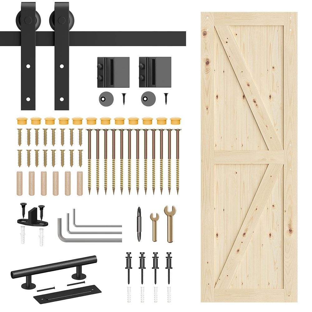 LOVMOR BD-A7920046DE-28 28 in. x 84 in. Sliding Barn Doors with 56 in. Hardware Kit Wood Unfinished Solid Pine Barn Doors with Track Kit