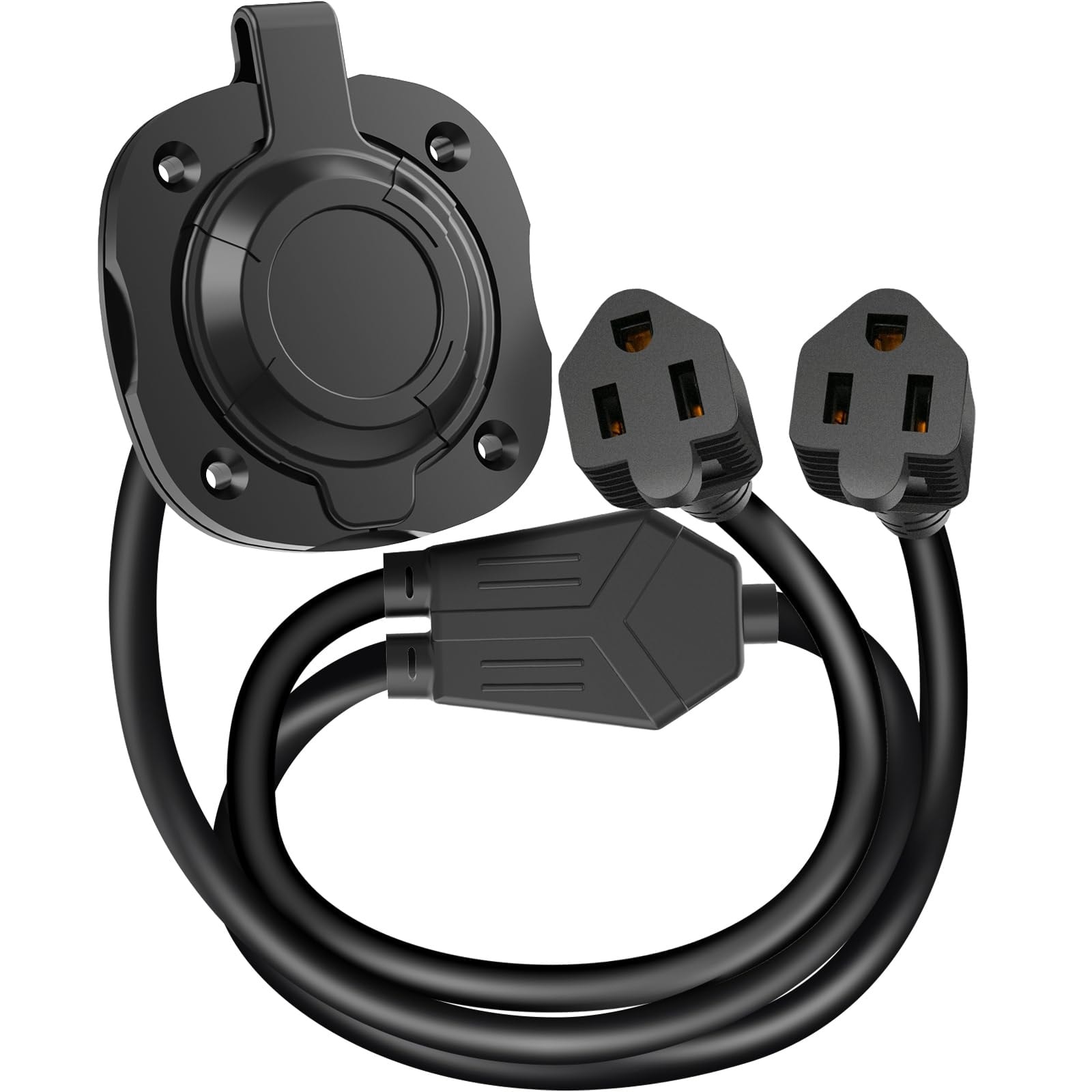 Etokfoks  Outdoor Indoor 15 Amp 2 Space 2 Circuit Flanged Inlet Power Port with 18 Inch Extension Cord Waterproof Cover