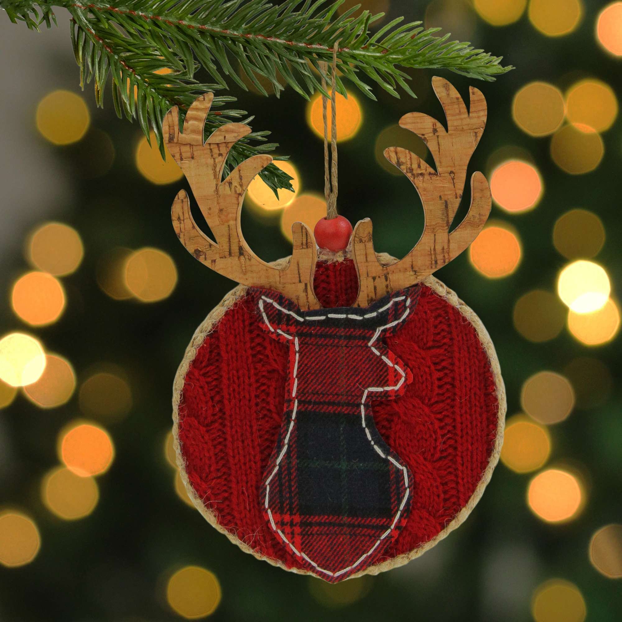 Northlight Cable Knit Plaid Reindeer Christmas Ornament - 6 inch - Red