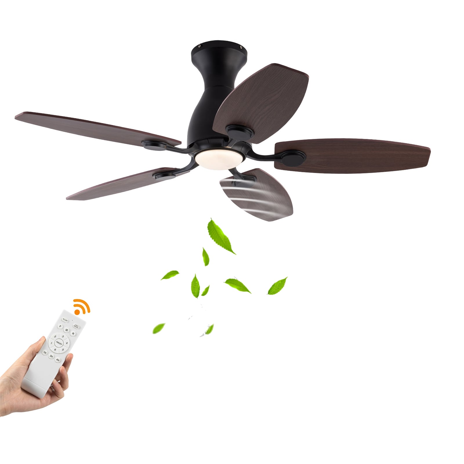 Oukaning JZUCOD-00450099 42-in Color-Changing Flush Mount Black with Wood Blades Fandelier Ceiling Fan With Light and Remote ( 5 -Blade )