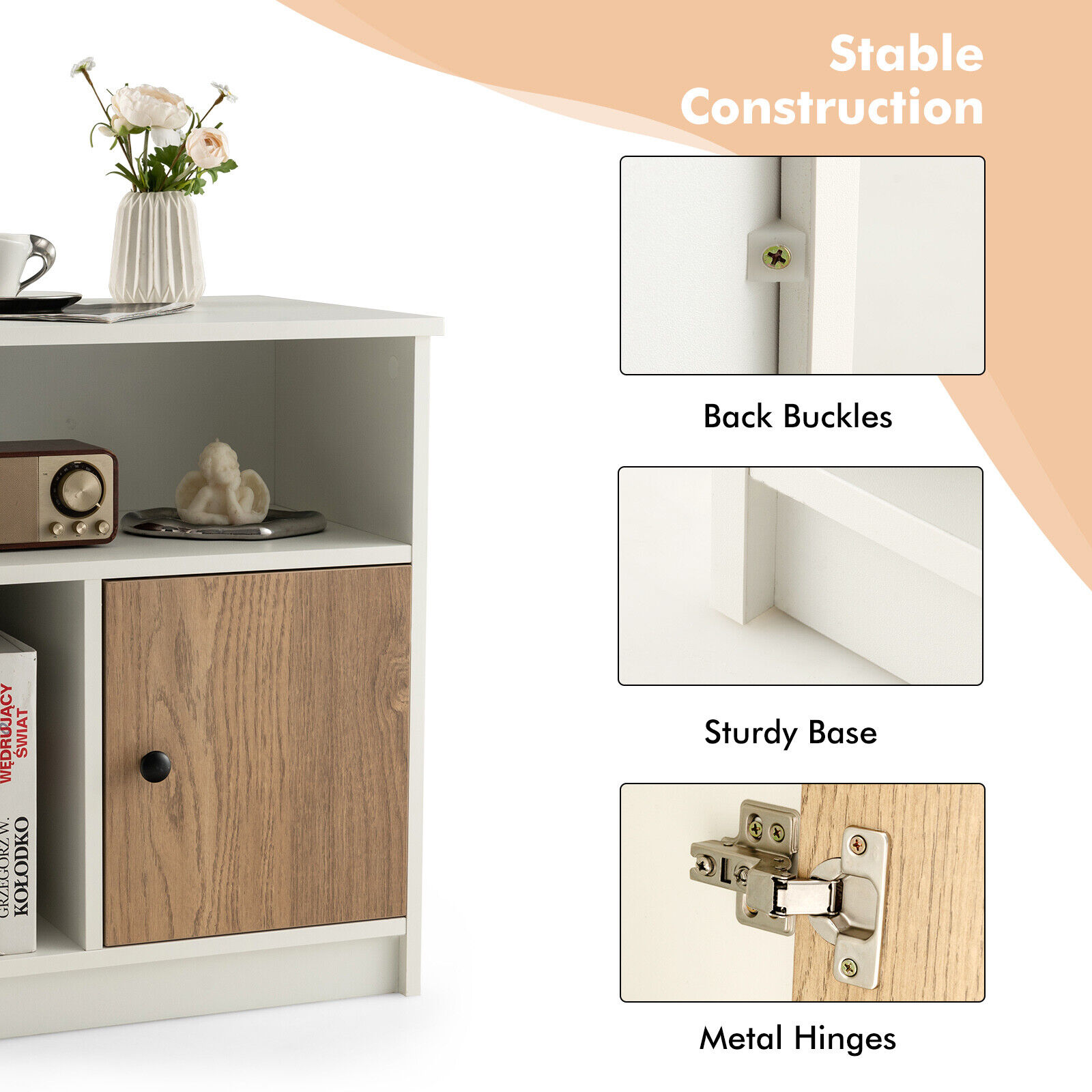 White and Light Brown MDF Nightstand Set with Open Shelves