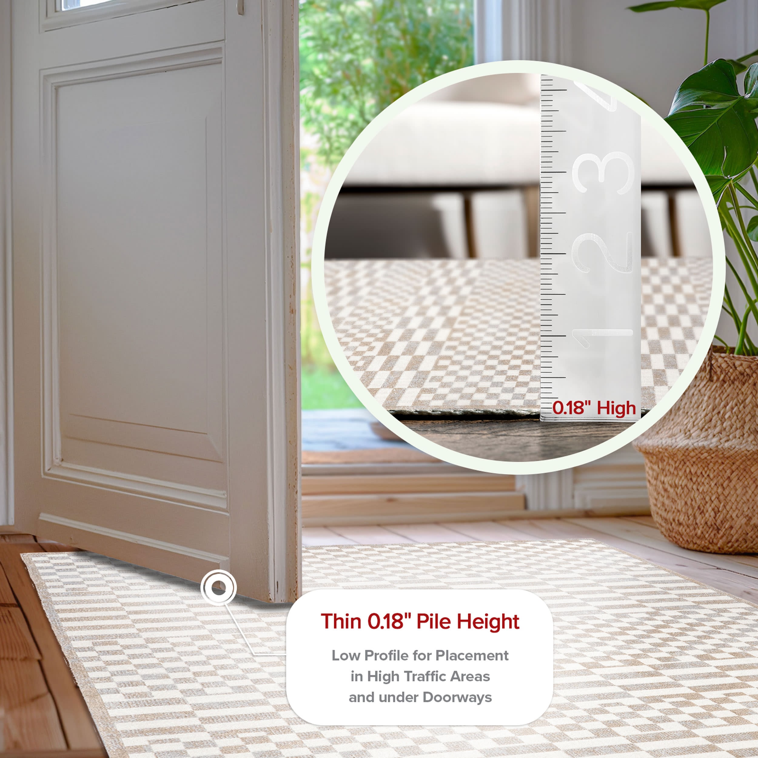 Beige and White Geometric 4' x 6' Washable Area Rug