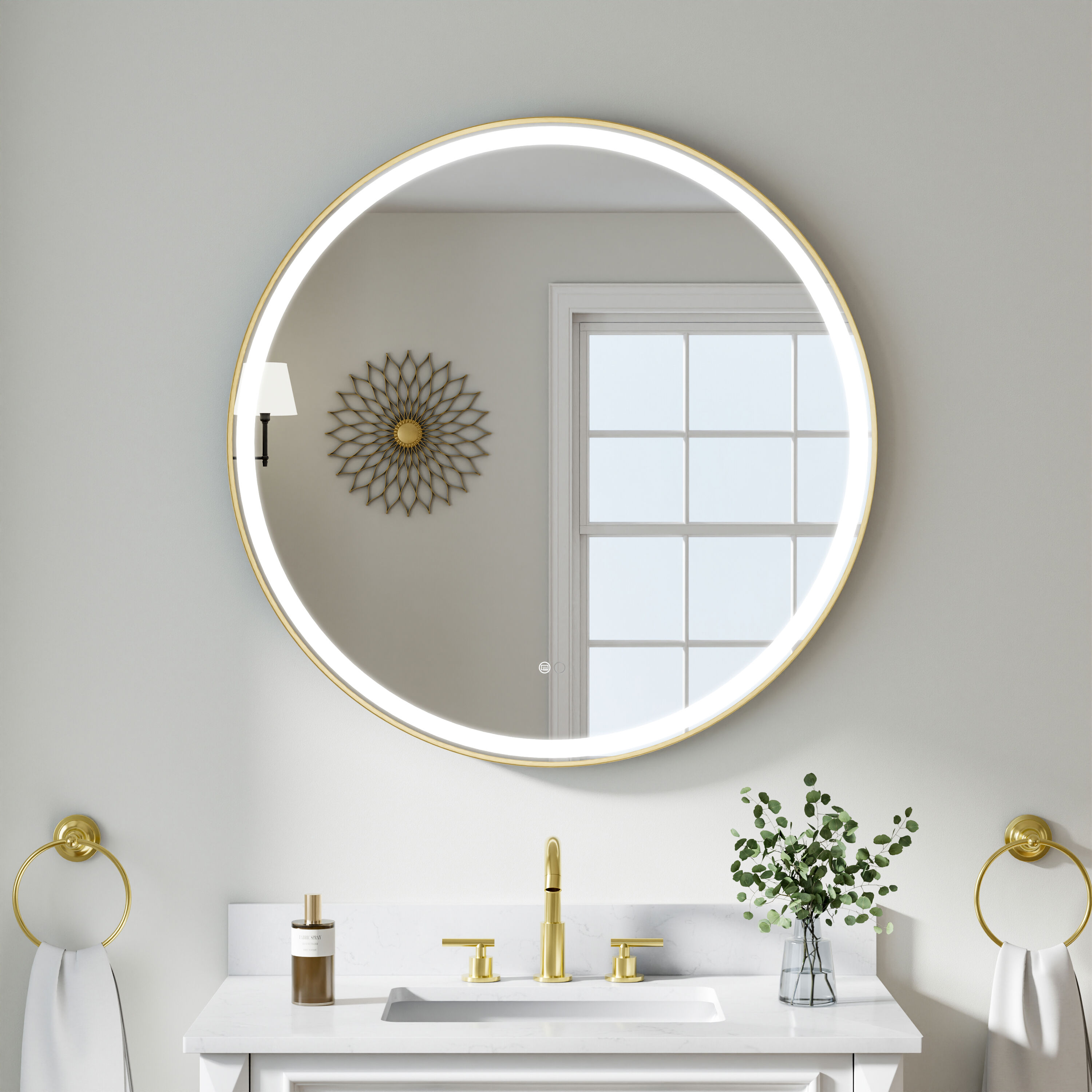 Forclover 36-in x 36-in Framed Round Dimmable LED Lighted Fog Free Bathroom Vanity Mirror ( Gold )