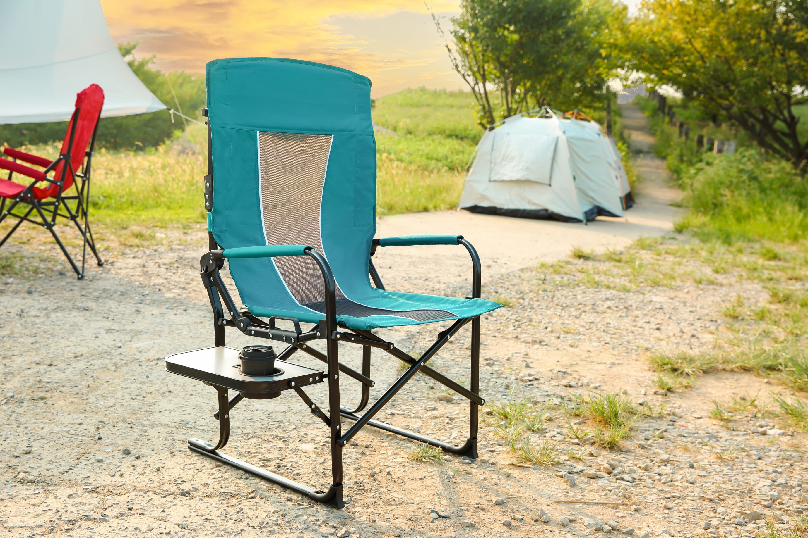 LOVMOR SF-Y-W640P224442 Camping Directors Chair Heavy Duty Oversized Portable Folding Chair with Side Table Pocket in Blue