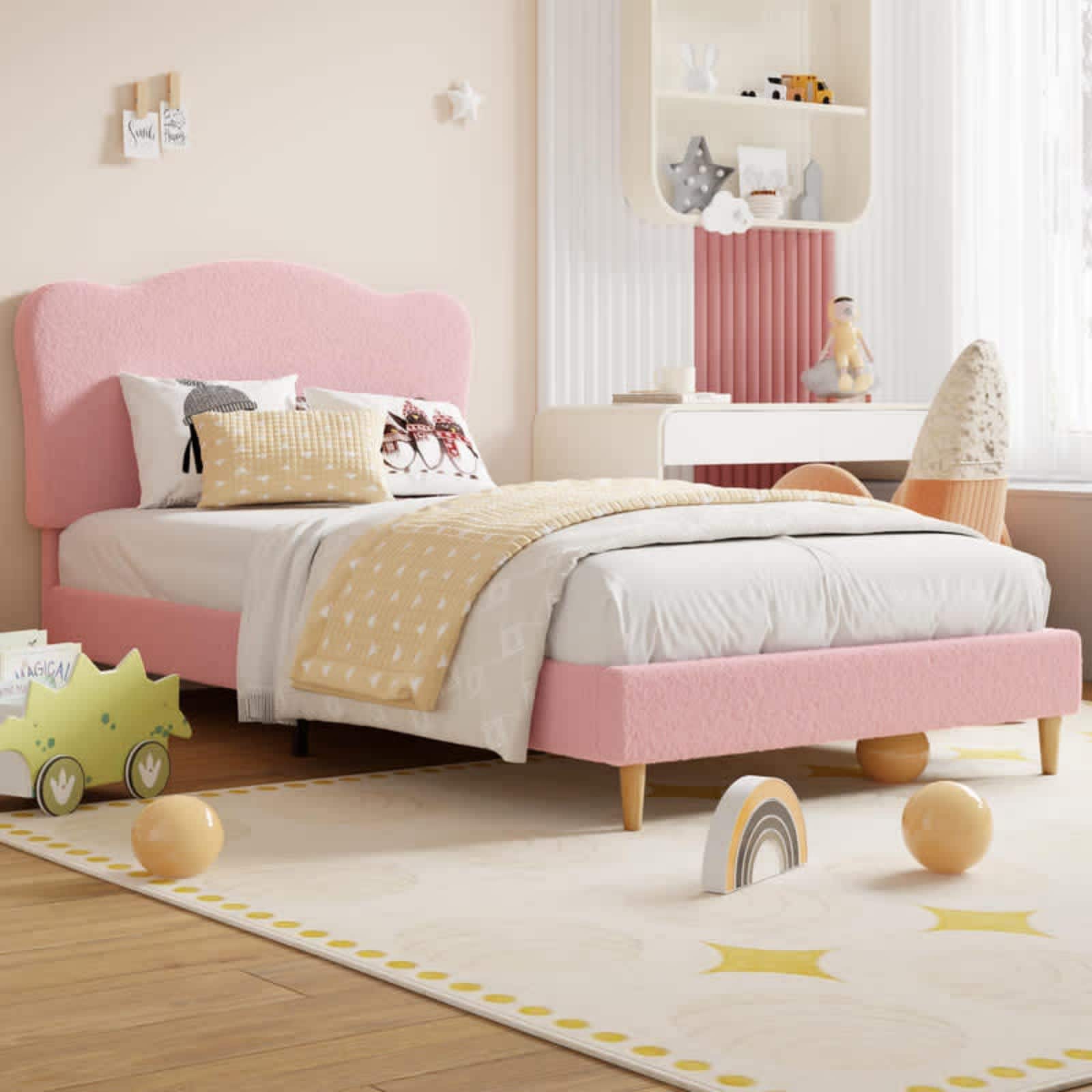 Qeetex VGX-PHO-1502R3TW Full Pink Upholstered Bed Frame for Kids with Scallop Headboard Cute Velvet Bed for Girls Boys Sturdy Platform Bed No Box Spring Needed Wooden Slats Noise Free