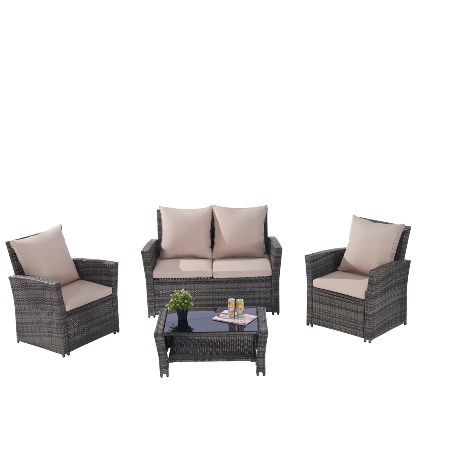 Bybafun YA0100116 4-Piece Wicker Patio Conversation Set with Brown Cushions