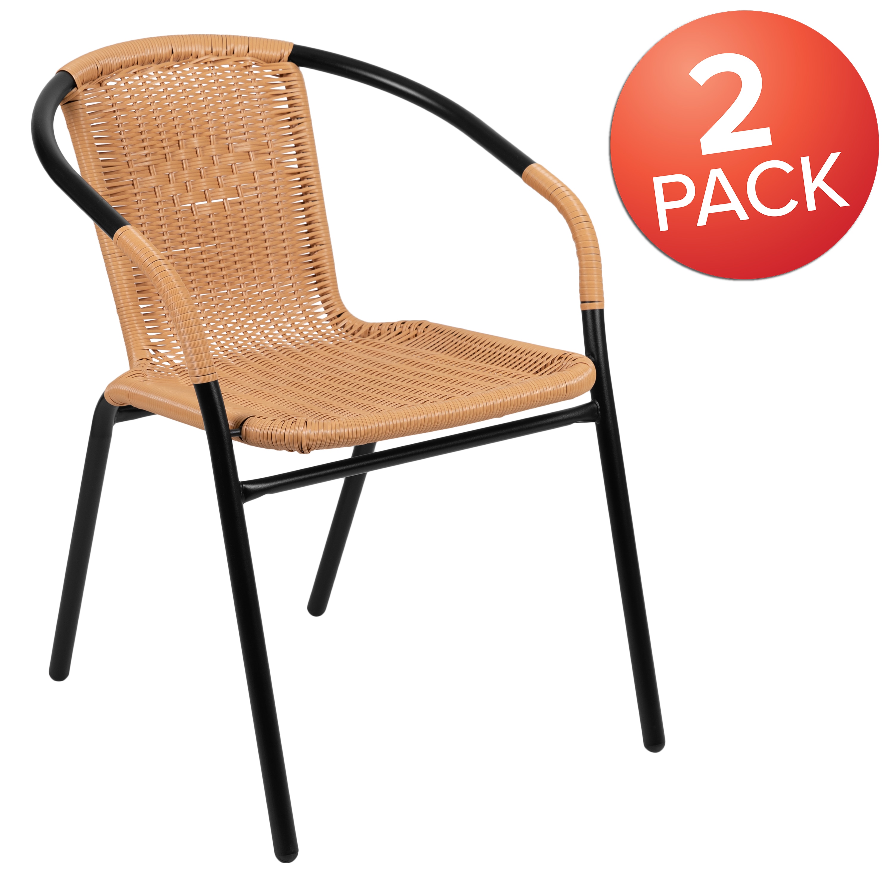 Beige Rattan and Black Steel Patio Dining Chairs, Set of 2