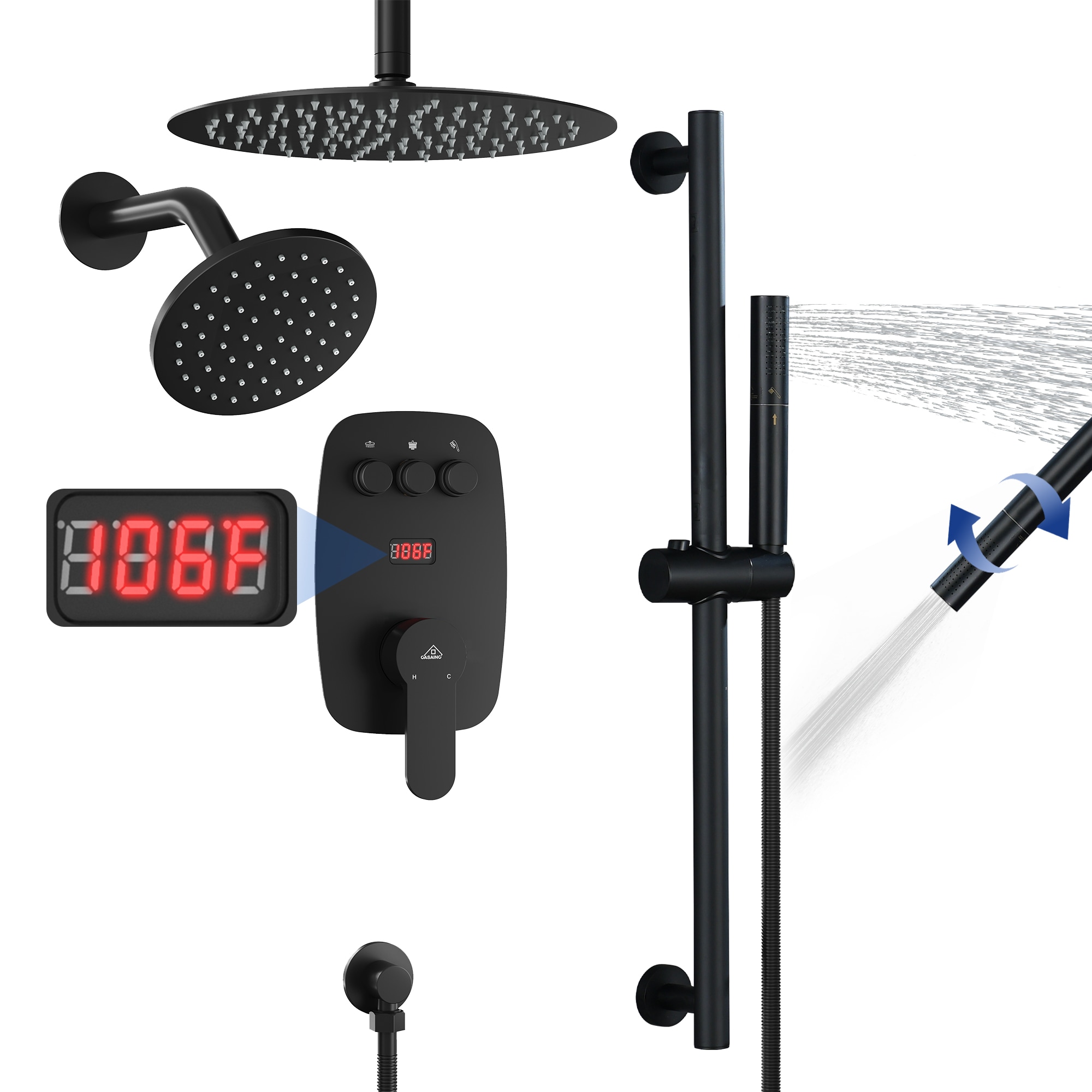 CASAINC BR01008SX12MB Black 12-in Dual Head Built-In Shower Faucet System with 3-way Diverter ( Pressure-balanced Valve Included )