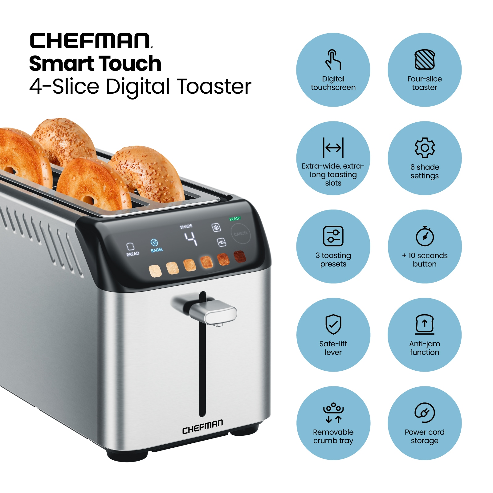 Toaster 4 Slice, Extra Wide Slots, Stainless Steel with High Lift Lever,  Bagel and Muffin Function, Removal Crumb Tray, 7-Shade Settings with  Warming
