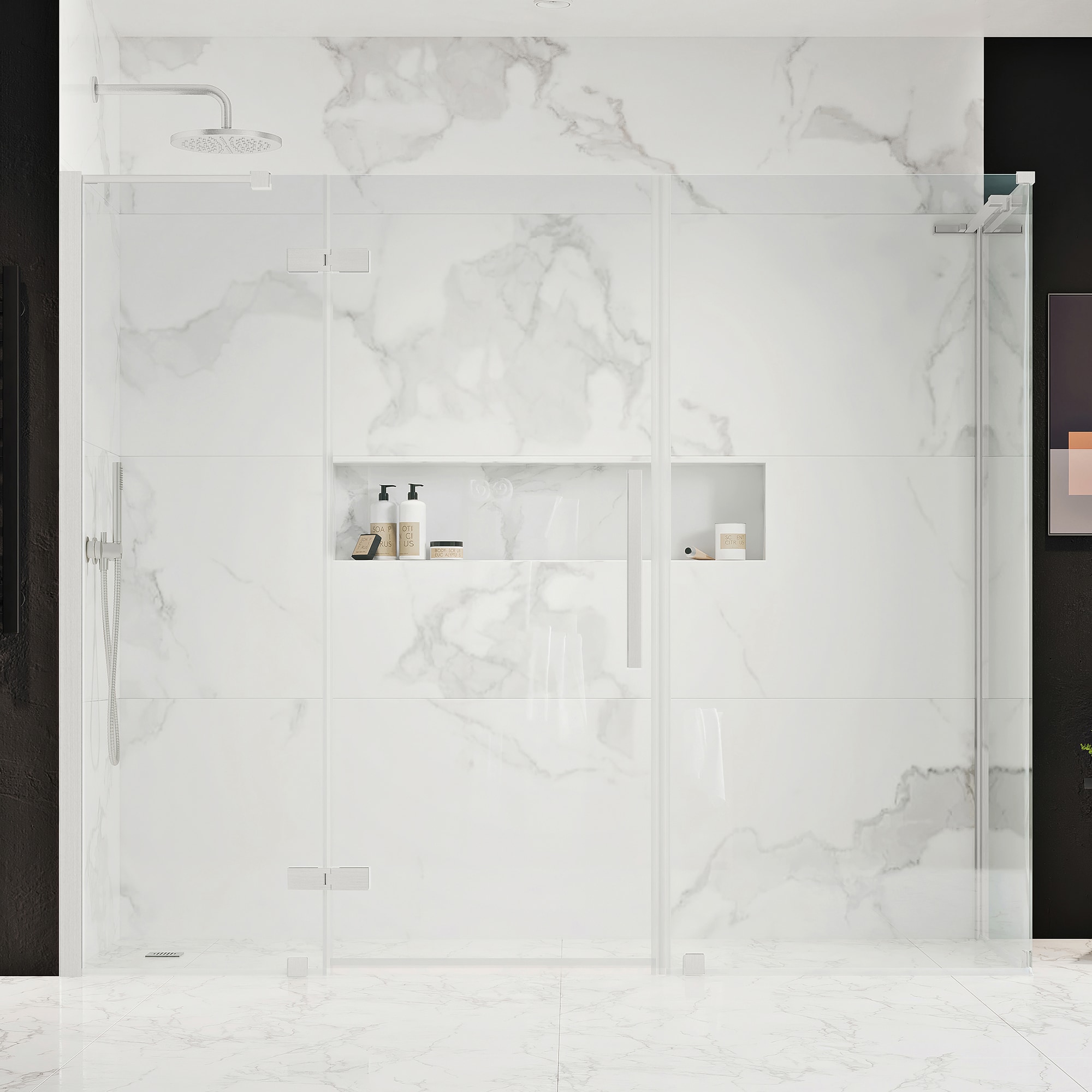 Tampa 90" Satin Nickel Frameless Corner Shower Kit with Clear Glass Panels