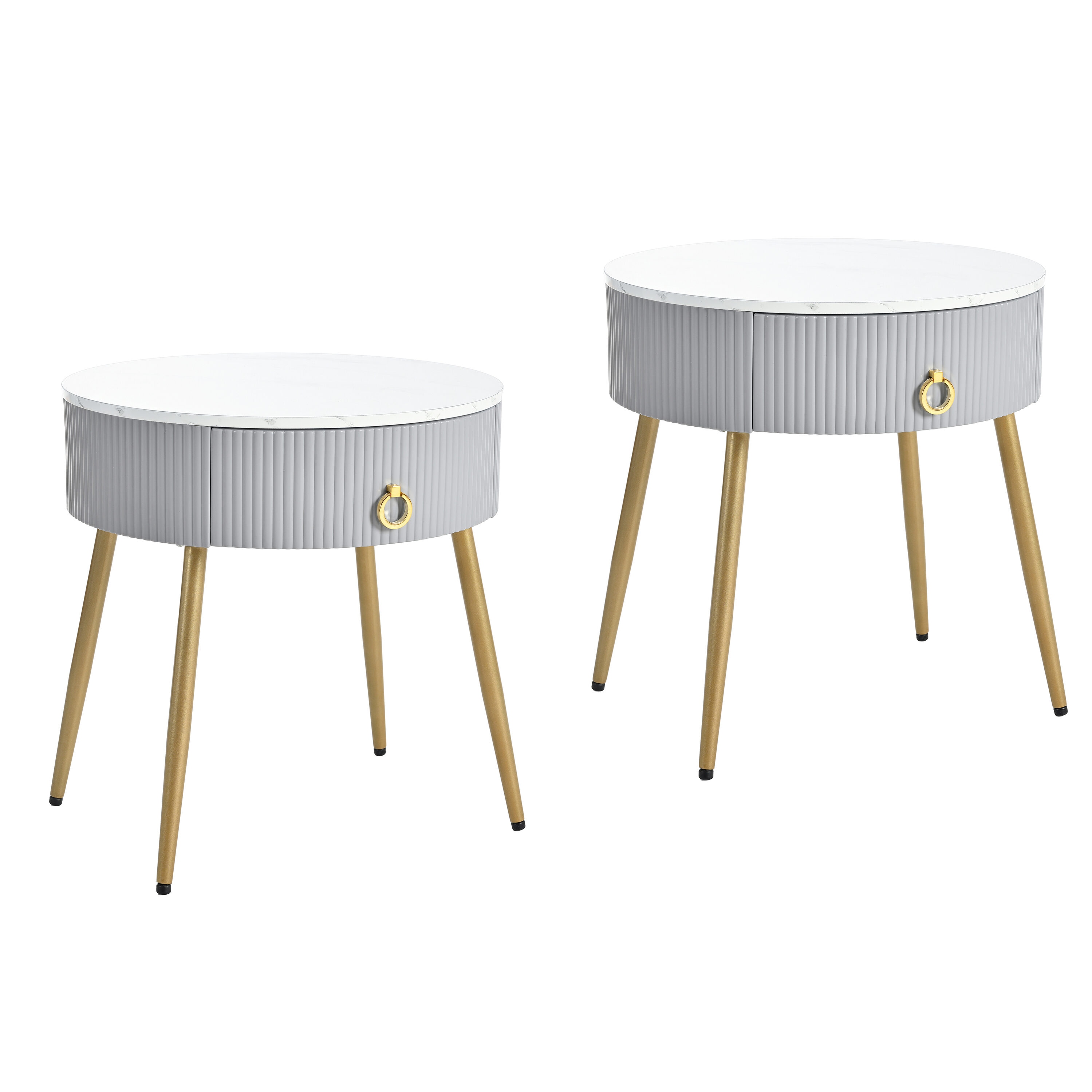 ModernLuxe N721P173248E Easy Assembly End Tables with High Gloss Faux Marble Tabletops Set of 2 Modern Fluted 2 Side Tables with Drawers Round Coffee Tables with Golden Legs for Living Room Grey