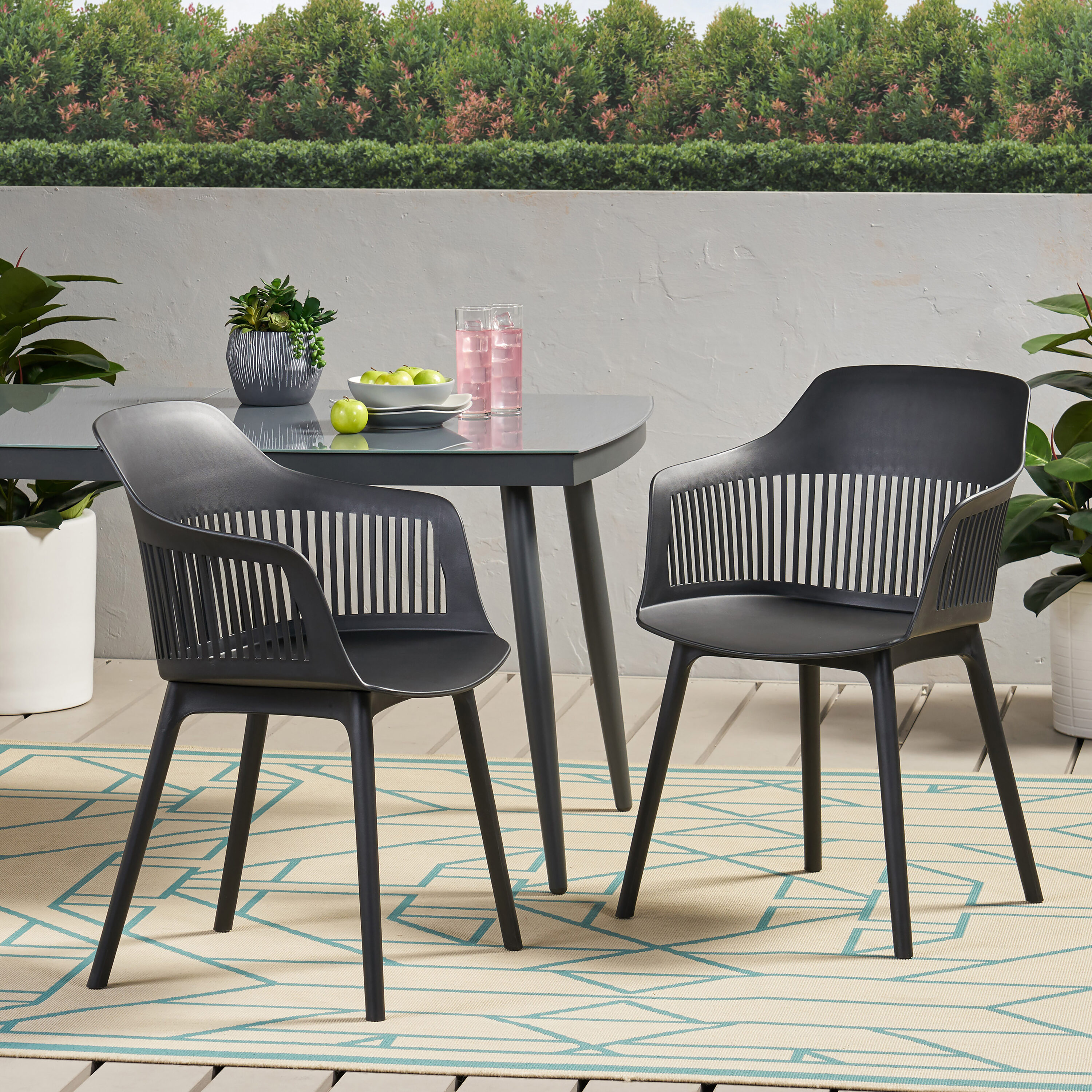 Moda Furnishings MD68374-BLK Outdoor Classic Set of 2 Black Plastic Frame Stationary Dining Chair with Solid Seat