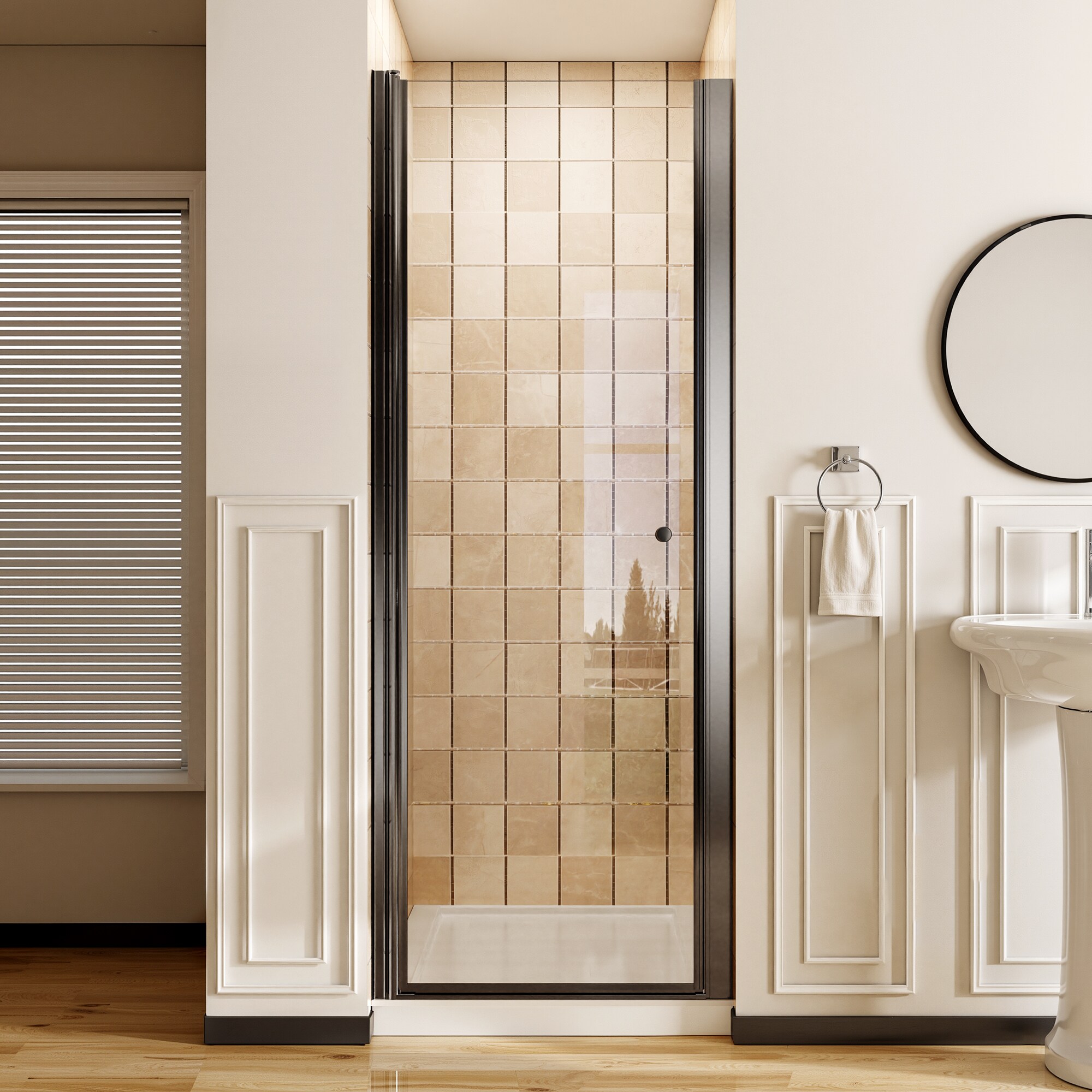 GLANZEND  28 to 28.8 in W x 72 in H Frameless SGCC Clear Tempered Glass Sliding Shower Door Matte Black Comfort Handle Easy Installation offers a refined look for modern bathrooms