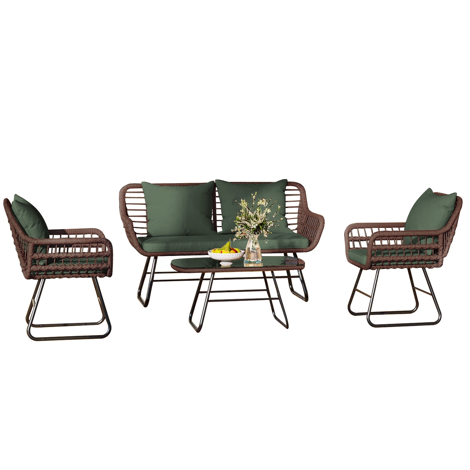 Patio Watcher TB4YZ-IR-TUGREEN 4-Piece Rattan Patio Conversation Set with Gray Cushions