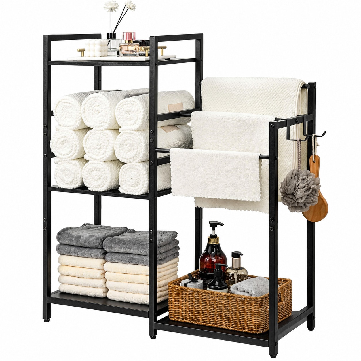 Paradigms Interiors Freestanding 3 Tier Bathroom Towel Rack Dual Sided Storage Organizer With Hooks #514068539711