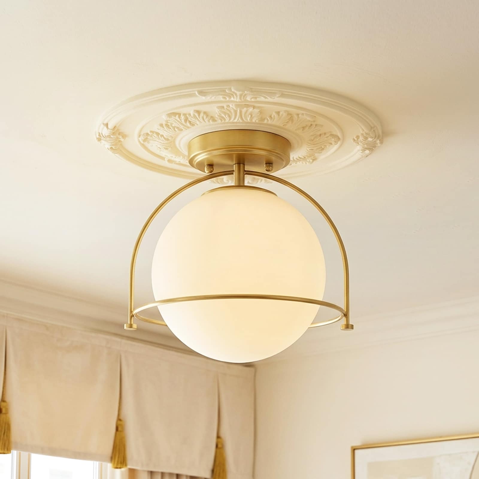 Rennnsan Langston 9.8-in Brass Indoor 1 -Light Semi-flush Mount Light with Opal Glass