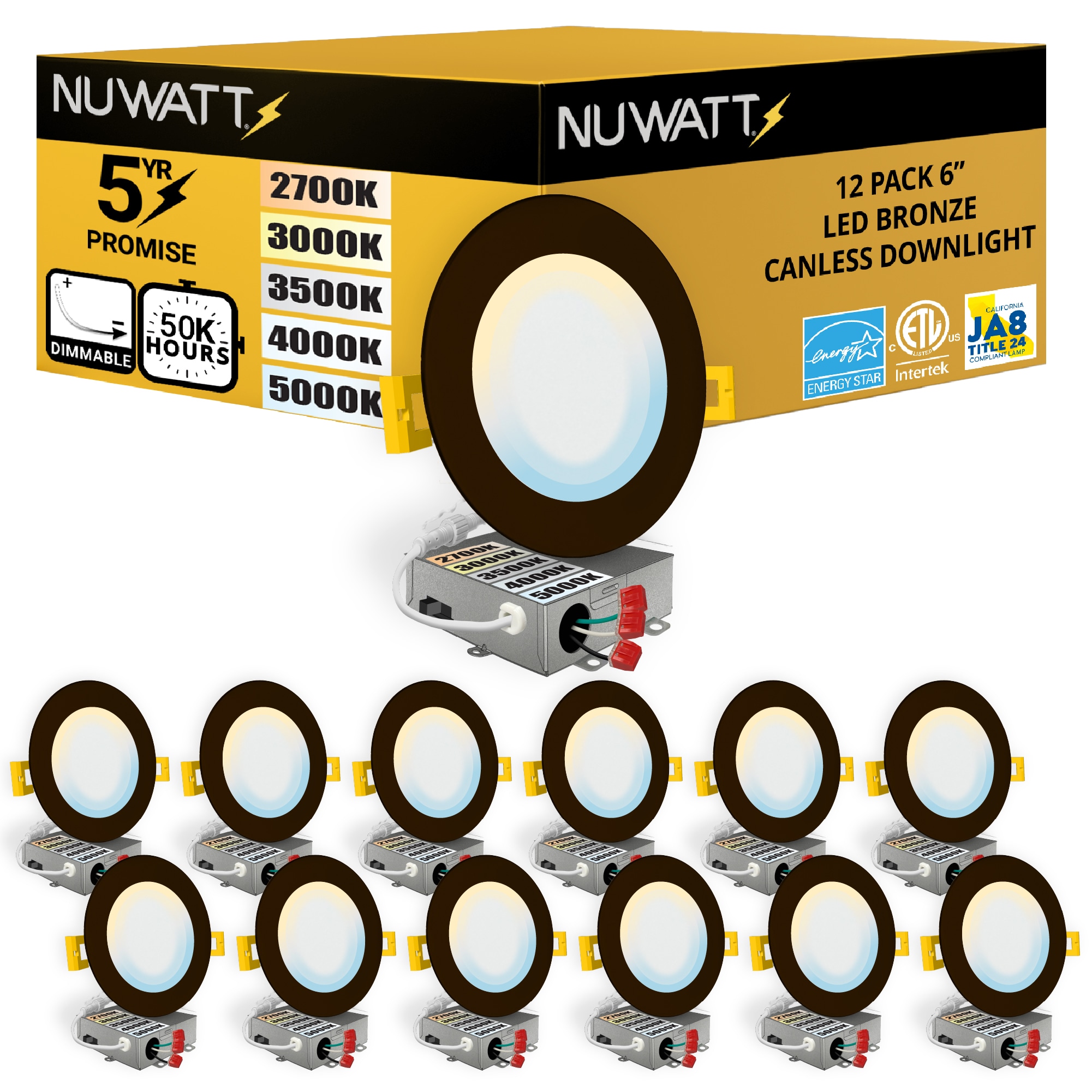 NUWATT NW-P-DL-615W5CTBZ12P Ultra Slim Airtight IC Bronze 6-in 1050 -Lumens Switchable Round Dimmable LED Canless Damp rated Recessed Downlight 12 -Pack