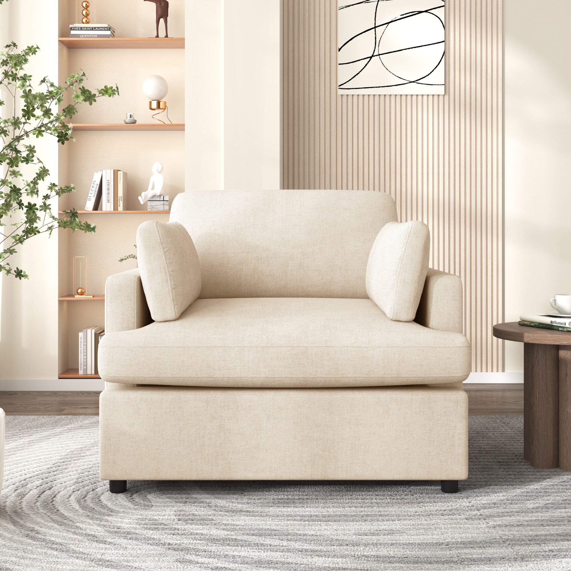 Beige Barrel Accent Chair with Wood Frame and Cushions