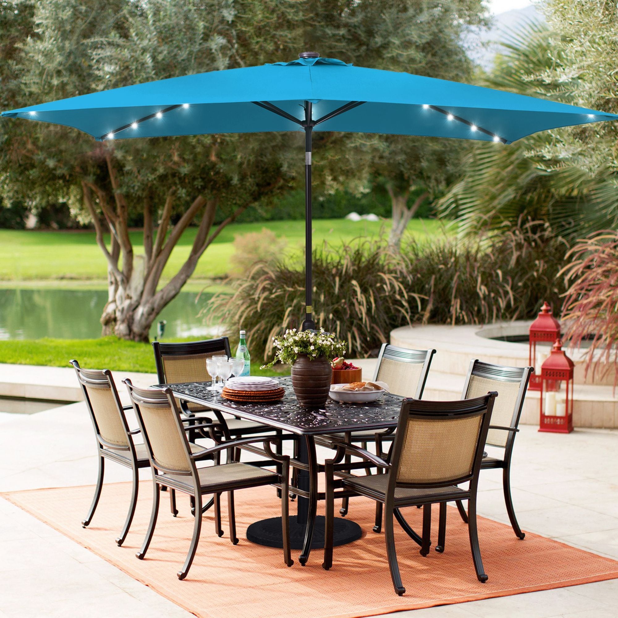 Sonkuki SD-127Q-LED 10-Feet Steel Blue Push-button Tilt Market Patio Umbrella with Lights and