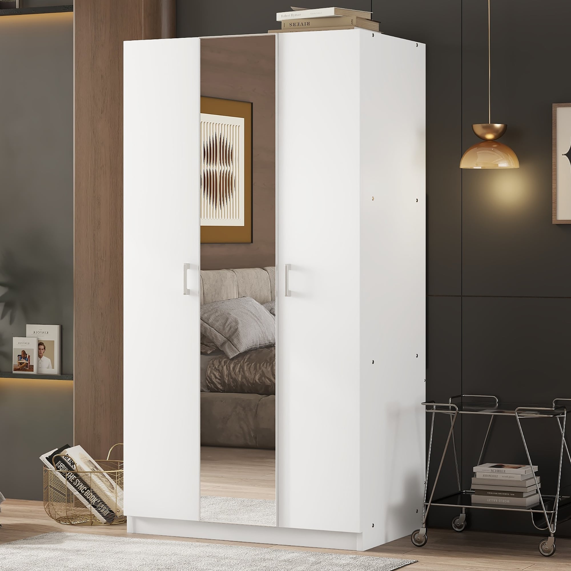ModernLuxe L3P-N733S170773K 3 Door Wardrobe with MirrorArmoire with Hanging Rod and 3 Fixed ShelvesWhite