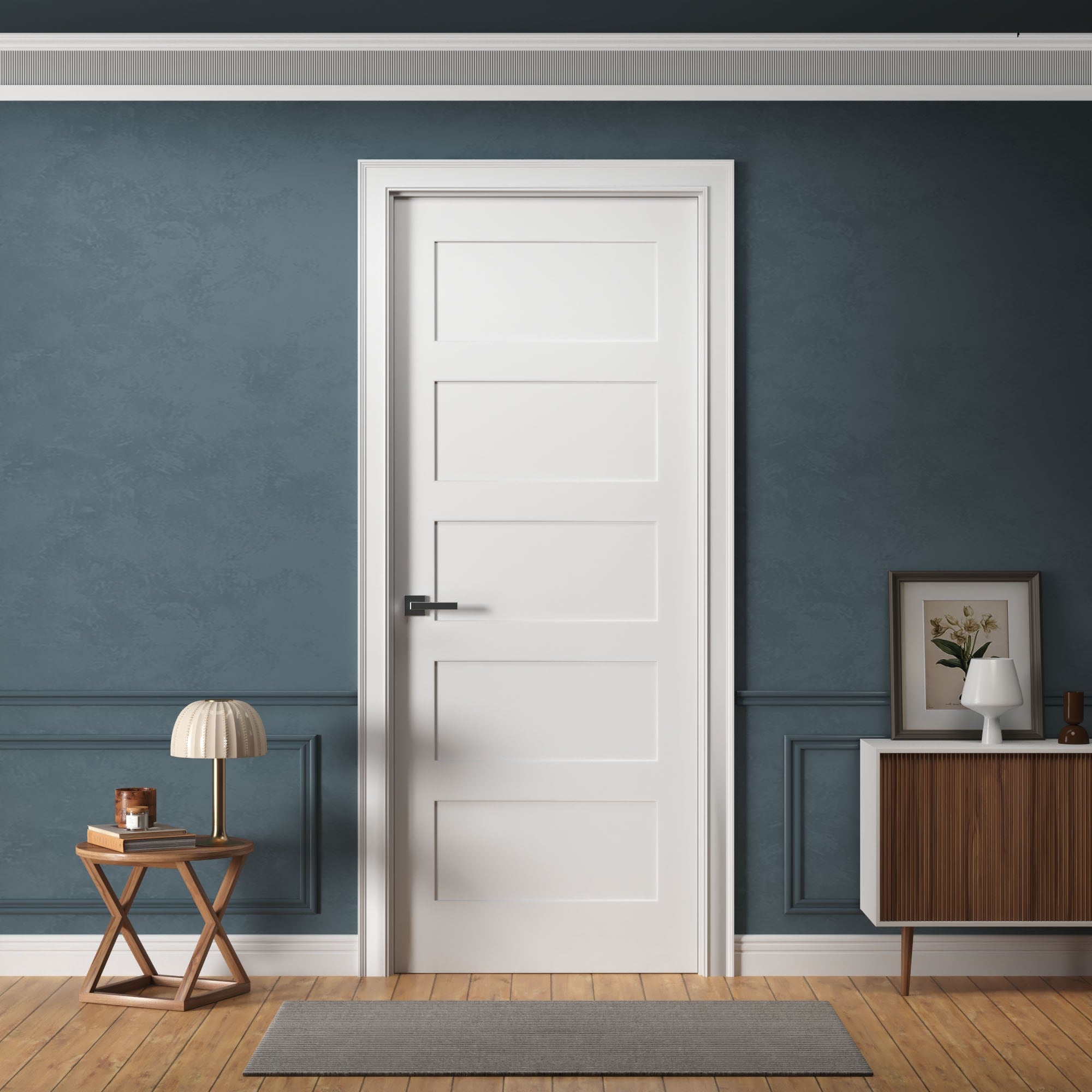Door Harbor 30-in x 80-in Prehung Interior Wood Door 5-Panel Shaker Right Handing Solid Core White Primed with Pre-Drilled Holes Frame (Jambs Kit) and Satin Nickel Hinges for Closet Pantry and Bedroom Use