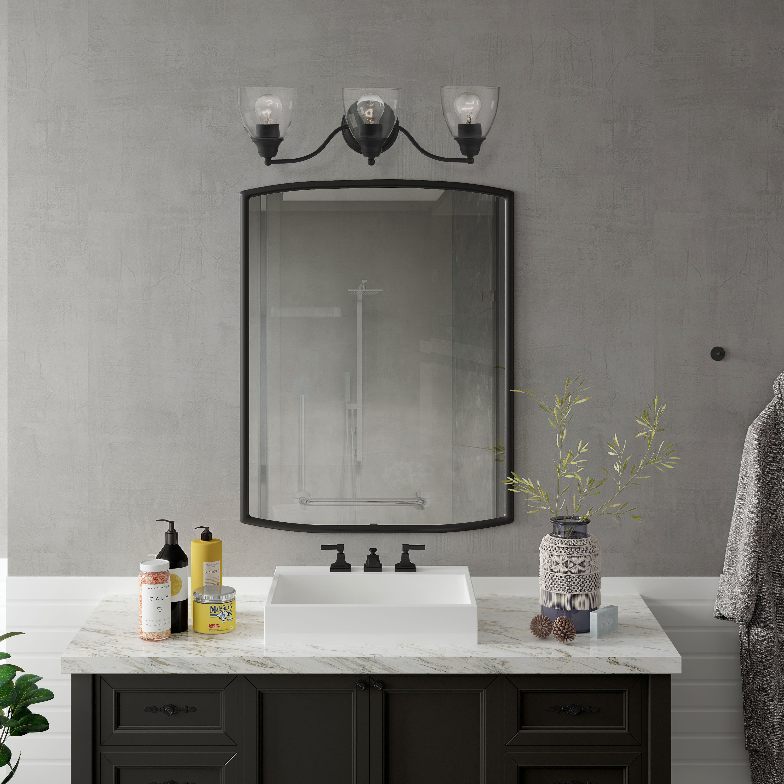 Montgomery Black Steel 3-Light Vanity with Clear Glass Shades
