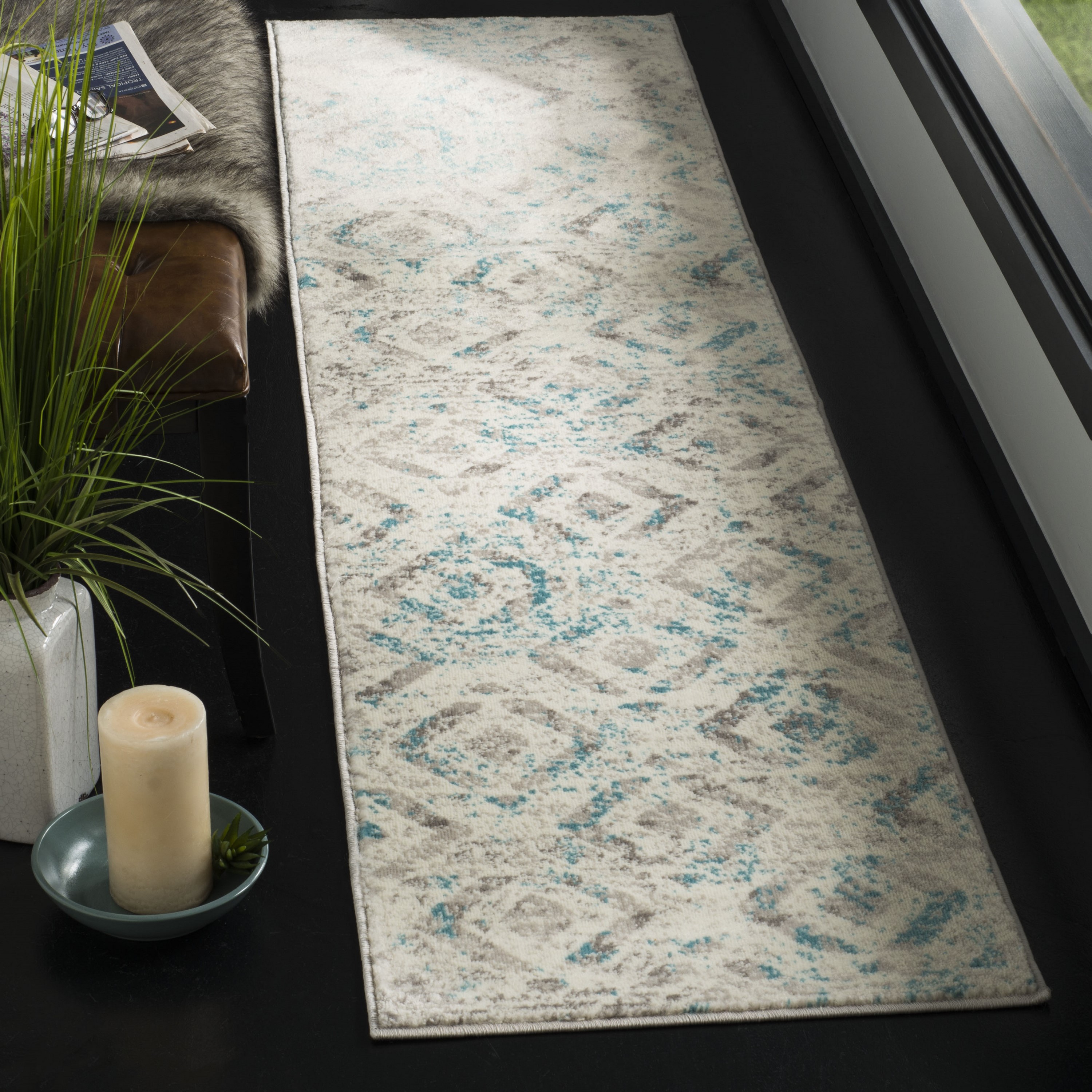 Safavieh SKY190D-212 Skyler Kalisi 2 x 12 (ft) Loomed Polypropylene Ivory/Blue Rectangular Indoor Distressed/Overdyed Runner rug