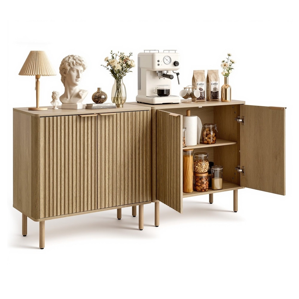 GIVIMO Mid Century Fluted Coffee Bar Table with 2-Tier Storage and Cabinet Doors Buffet Sideboard for Kitchen Dining Room Entertainment