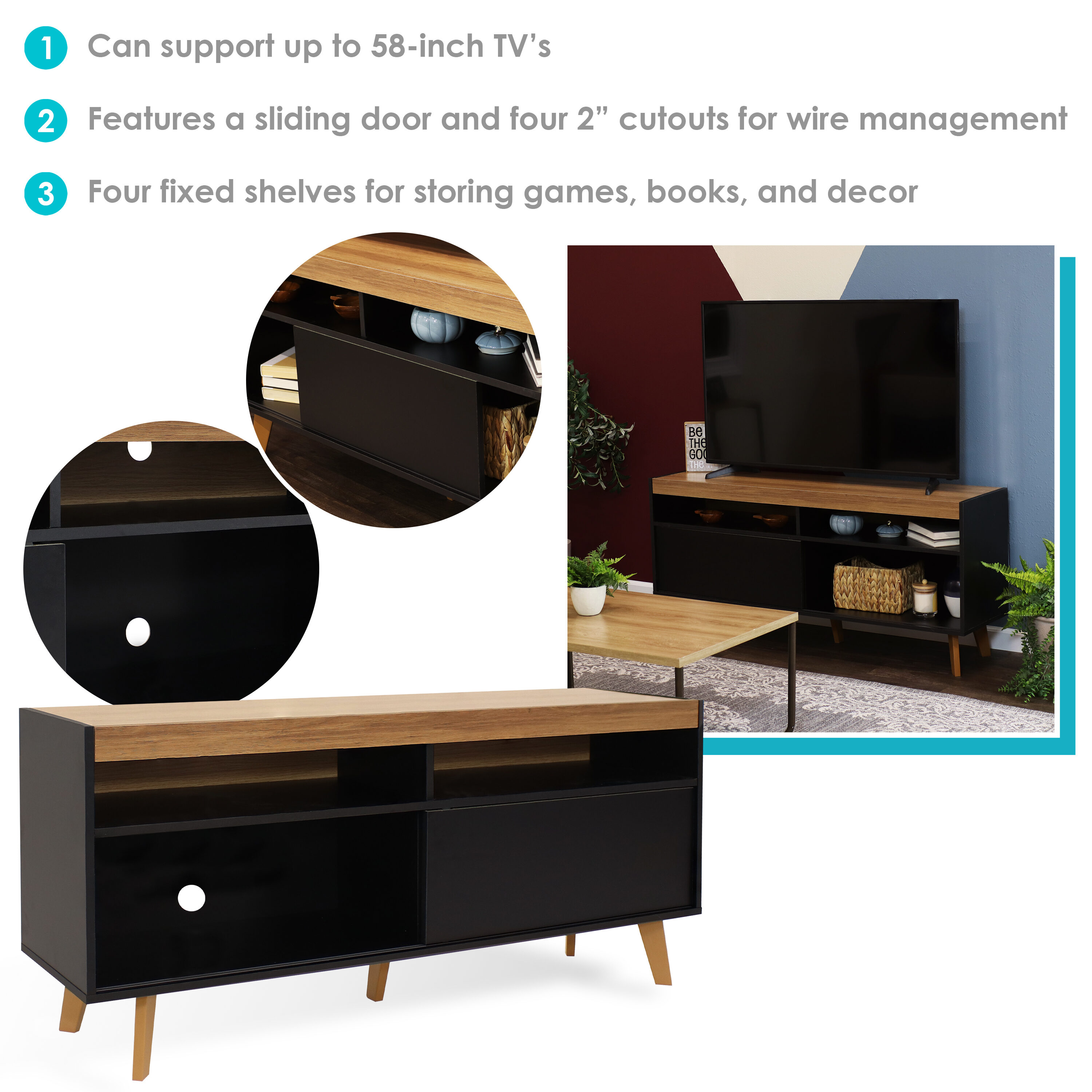 Midnight Black 58" TV Stand with Cabinet and Shelves