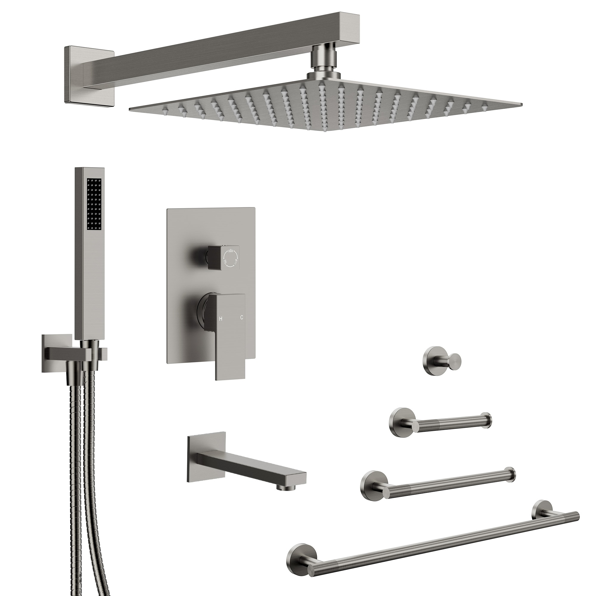 GRANDJOY Brushed Nickel 10 inch Single Handle 3-Spray Tub and Shower Faucet 2.5 GPM in Valve Included with Decorative Bathroom Hardware Set
