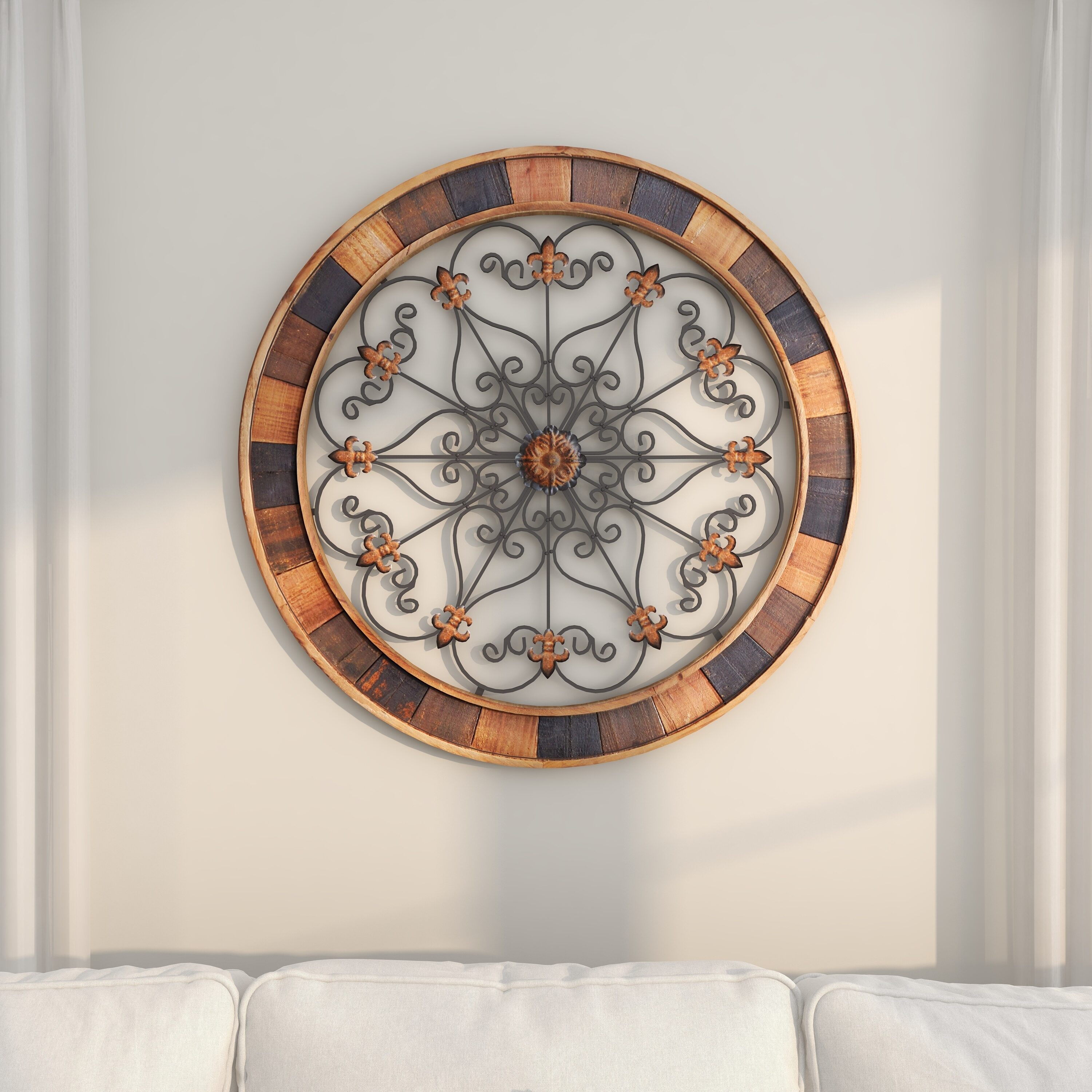 Rustic Arabesque Scroll 35" Round Wood & Iron Wall Decor
