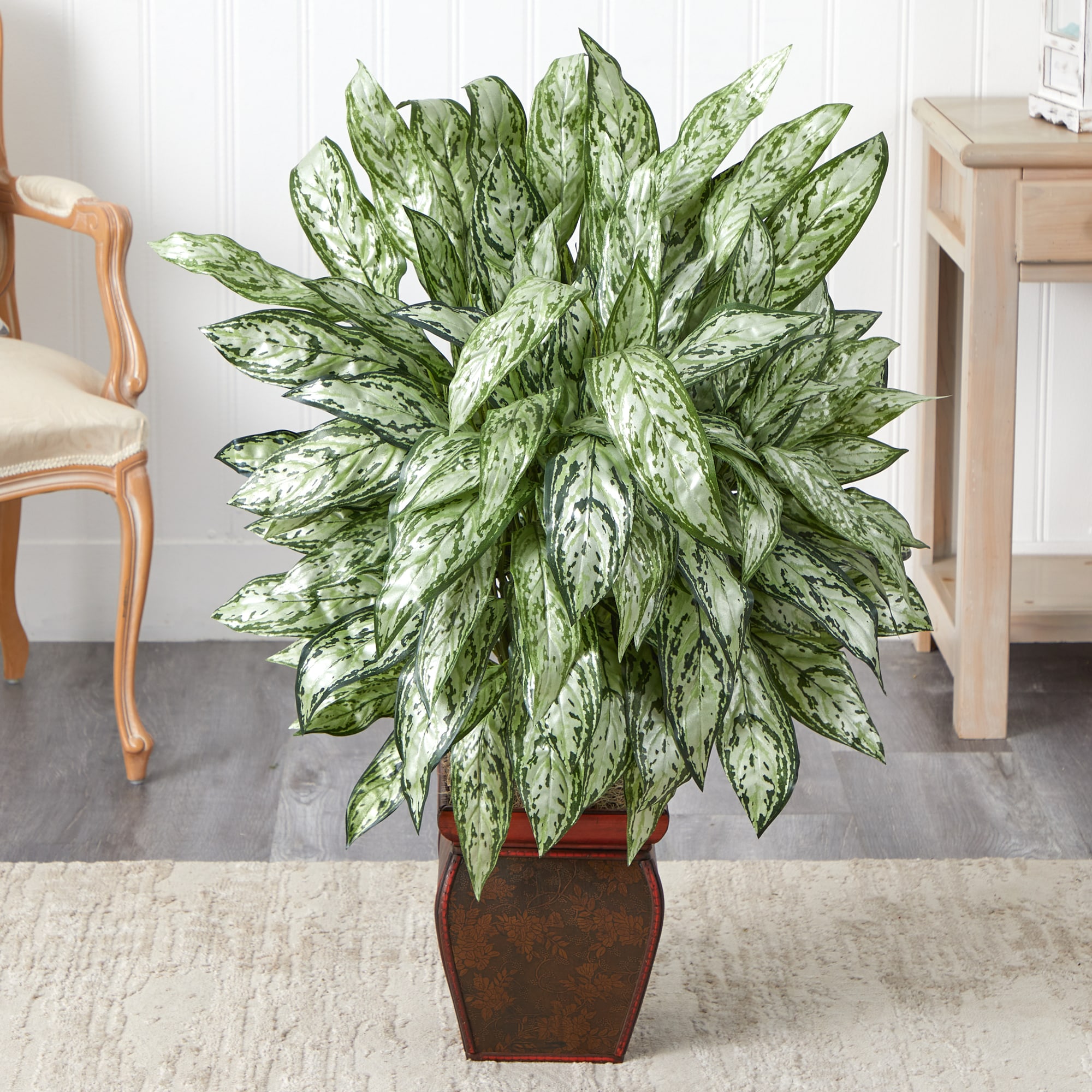 Nearly Natural Silver Queen with Decorative Planter Silk Floor Plant