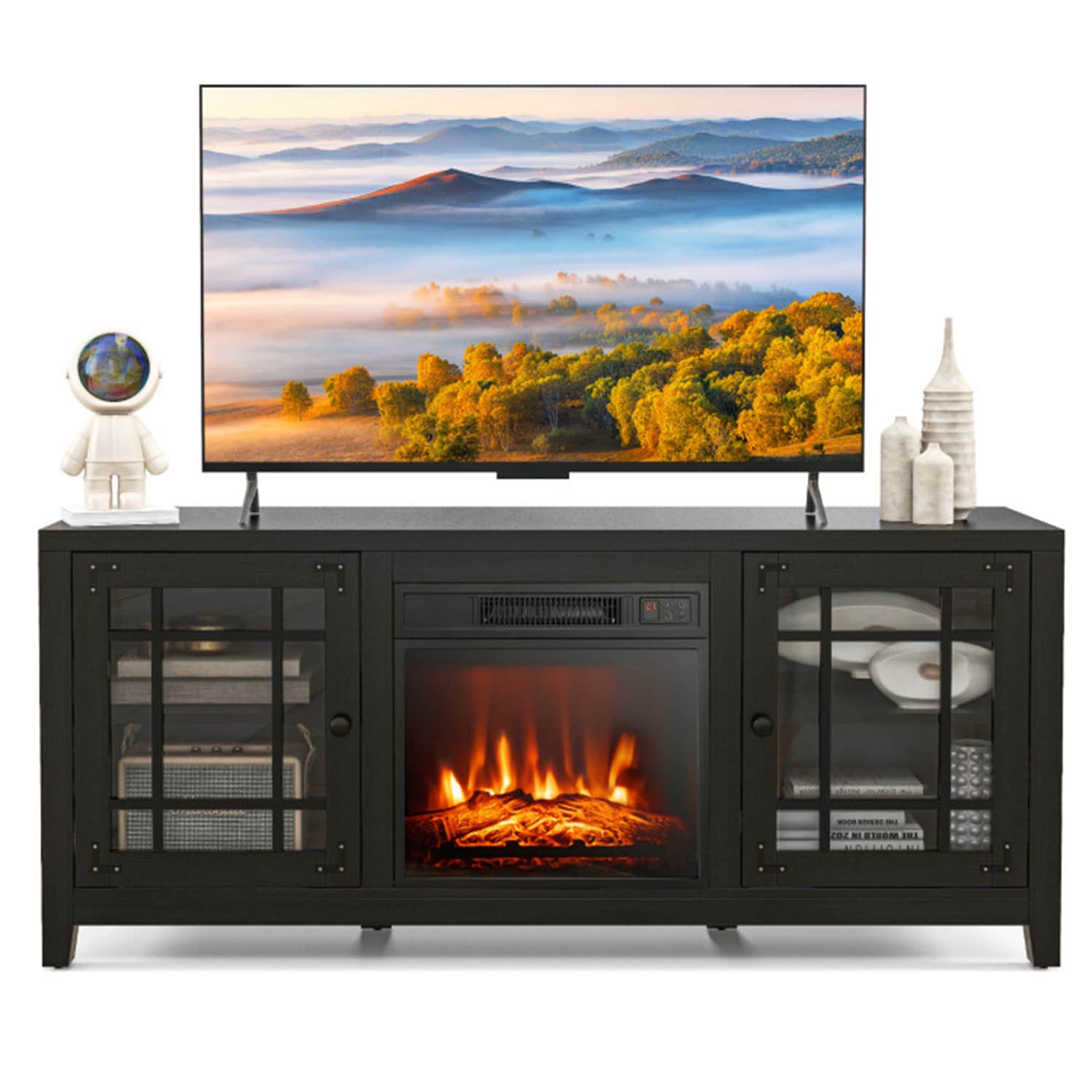 Clihome CL-FP10371DK 58 W Black TV Stand with Fan-forced Flat wall Electric Fireplace with Remote Control Included
