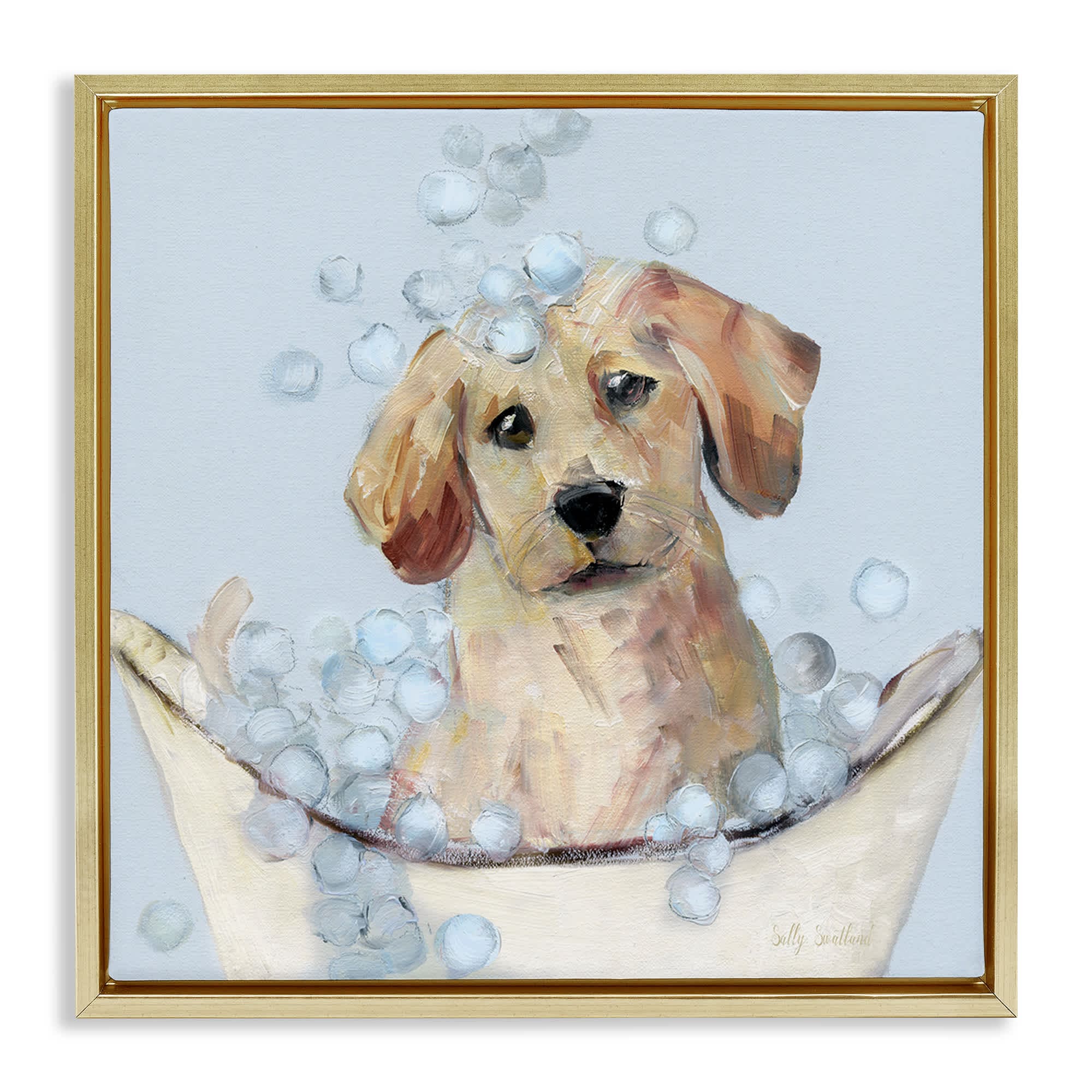 Stupell Industries BS-144-FFG-24X24 Bubble Bath Lab Puppy Gold Framed Floater Canvas Wall Art By Sally Swatland 25 x 25