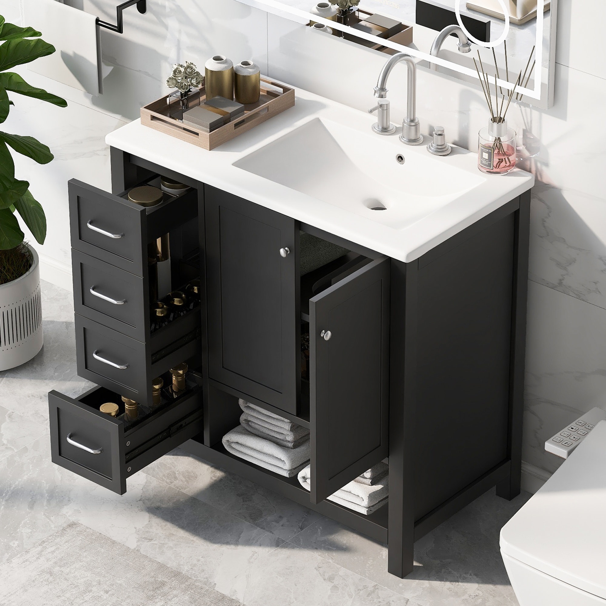 Vorene 36-in Black Bathroom Vanity with 2 Doors 2 Drawers and Open Shelf