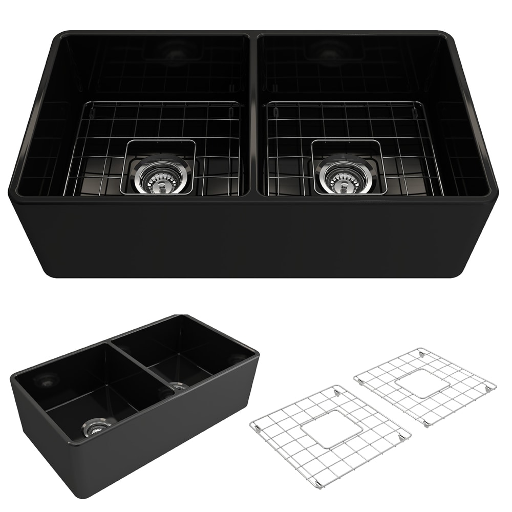 BOCCHI 1139-005-0120 Classico Farmhouse apron front 33-Inches x 18-Inches Fireclay Double equal bowl Kitchen Sink