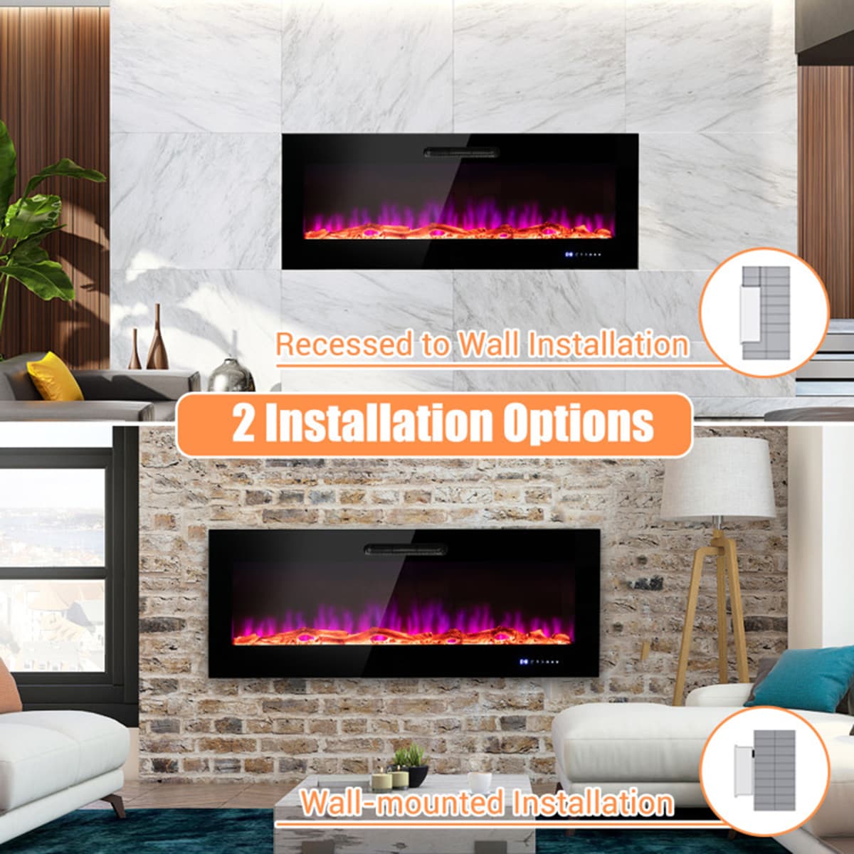 Clihome 60-in W Black Fan-forced Wall-mount Electric Fireplace with ...