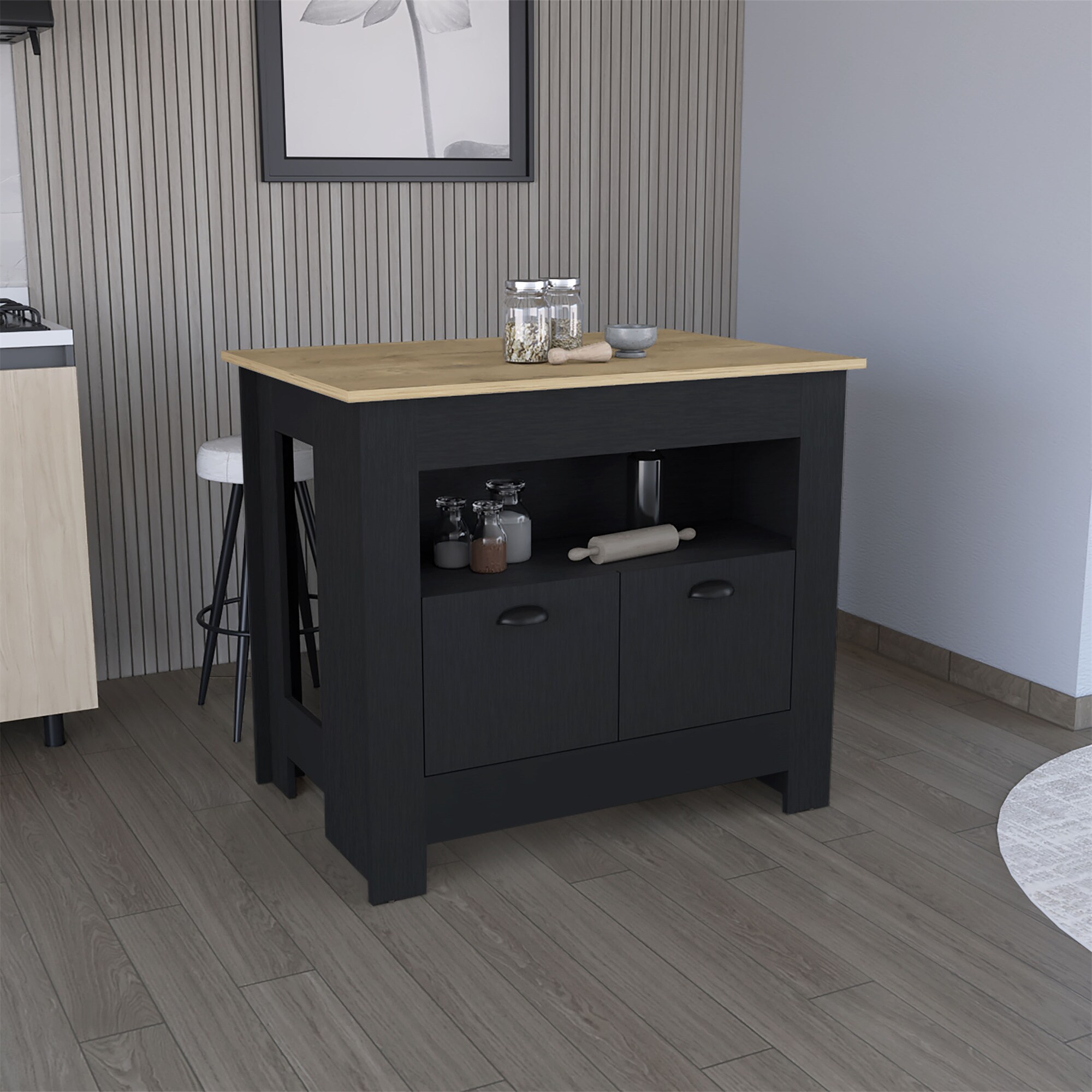 BABOOM Black Mdf Base with Composite Top Kitchen Island (27.5-in x 40.5-in x 35.3-in)