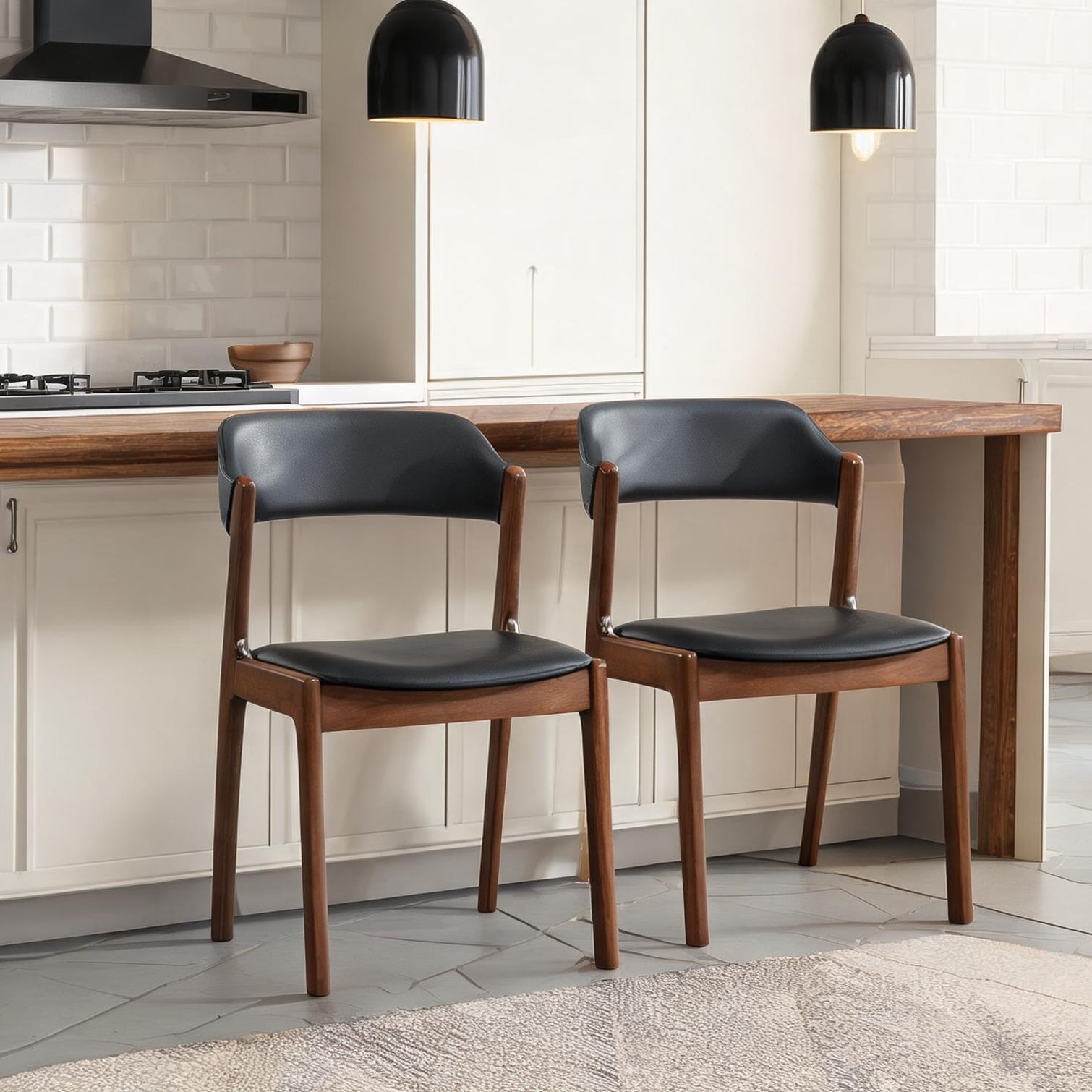 chillscreamni - Mid-Century Modern Dining Side Chair Jet Black PU Leather Solid Rubberwood Frame ...