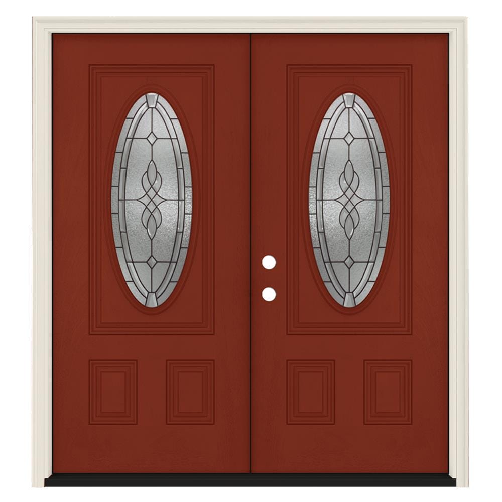 JELD-WEN Hampton 64-in x 80-in Fiberglass Oval Lite Right-Hand Inswing  Black Cherry Painted Prehung Double Front Door with Brickmould Insulating  Core in the Front Doors department at