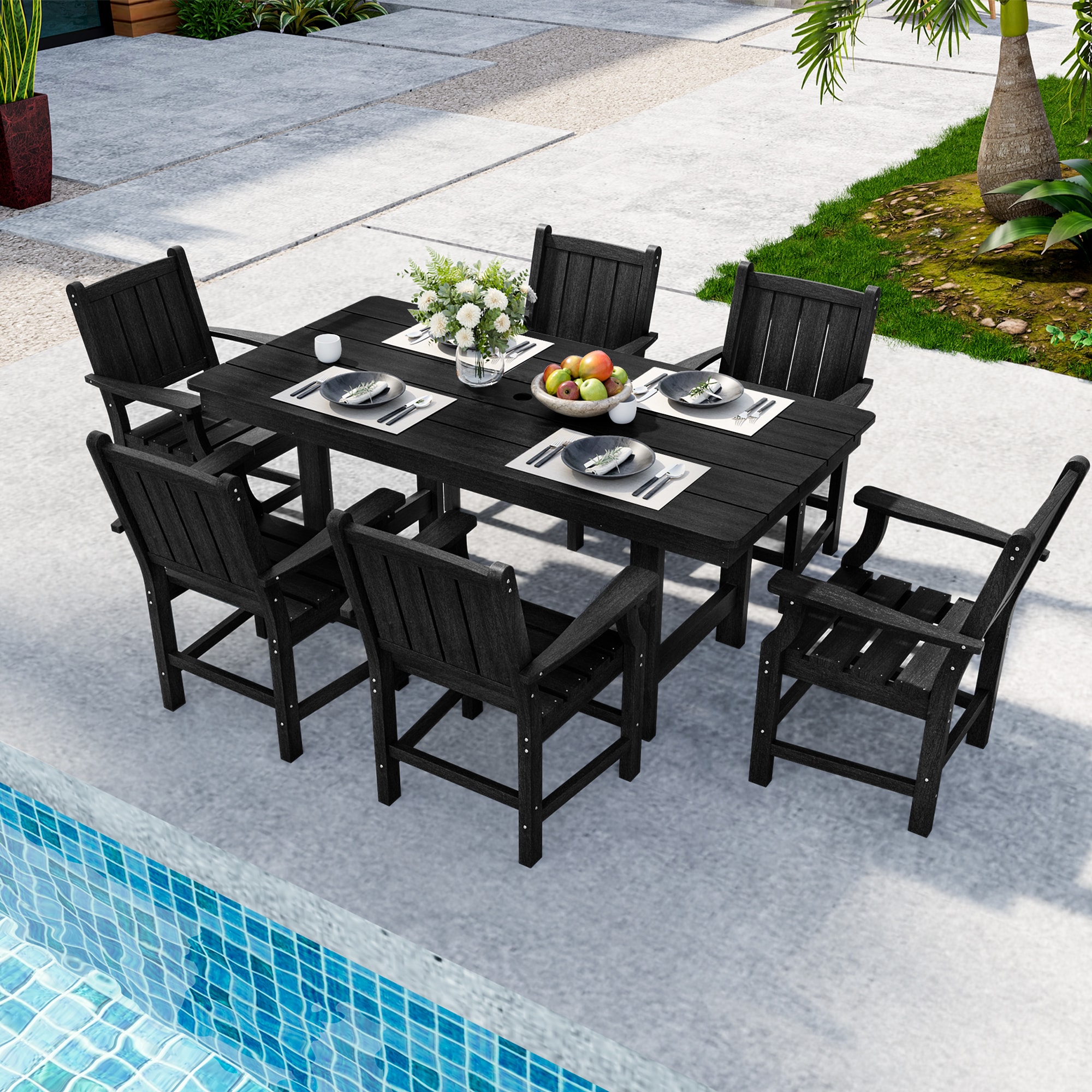 PamaPic HPE-CZ-7-H-WL1 7 -Piece Black Patio Dining Set Wood Square Table with 6 Stationary Chairs