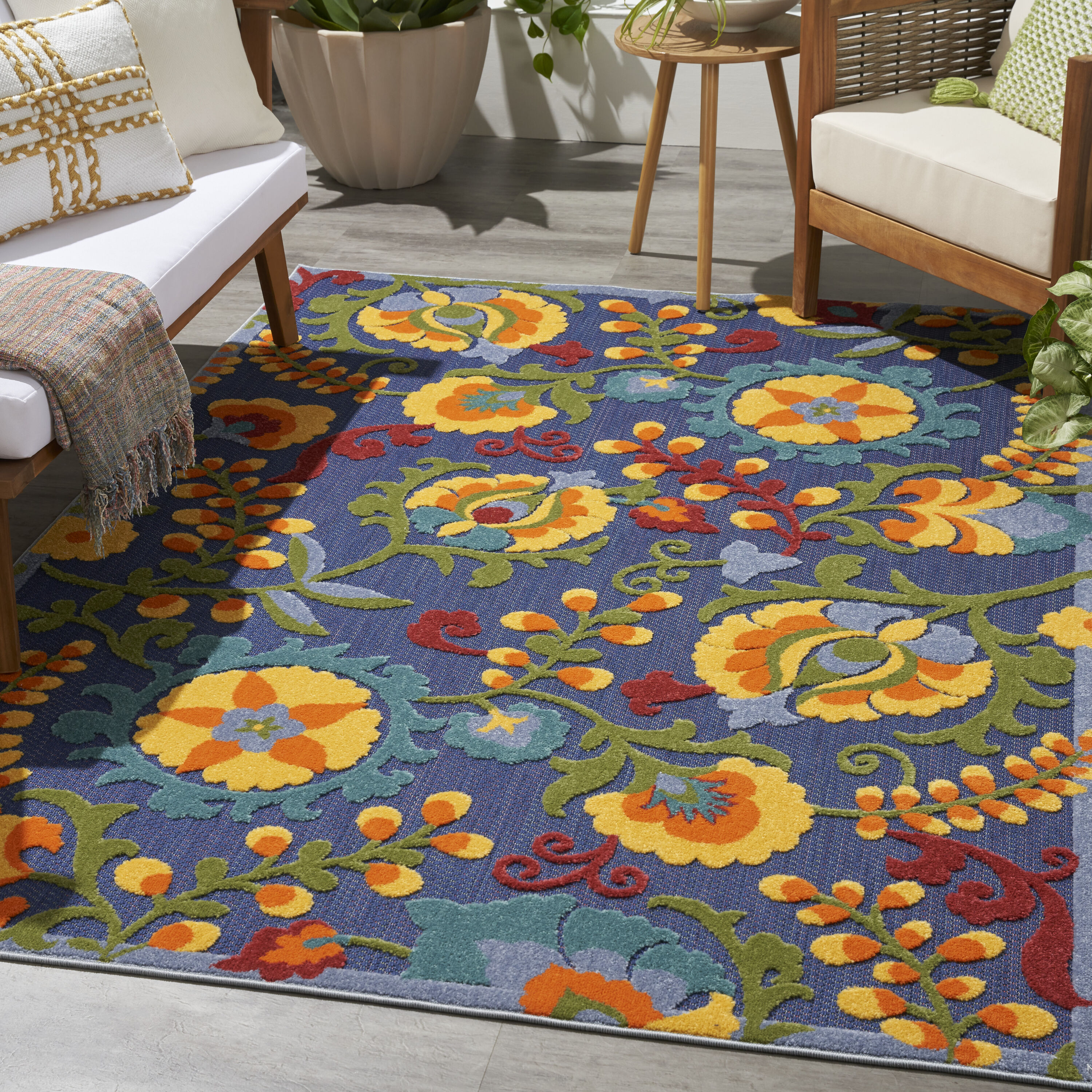 Nourison 099446921314 Aloha 5 x 8 (ft) Loomed Polypropylene Navy Multicolor Rectangular Indoor/Outdoor Floral/Botanical Area rug