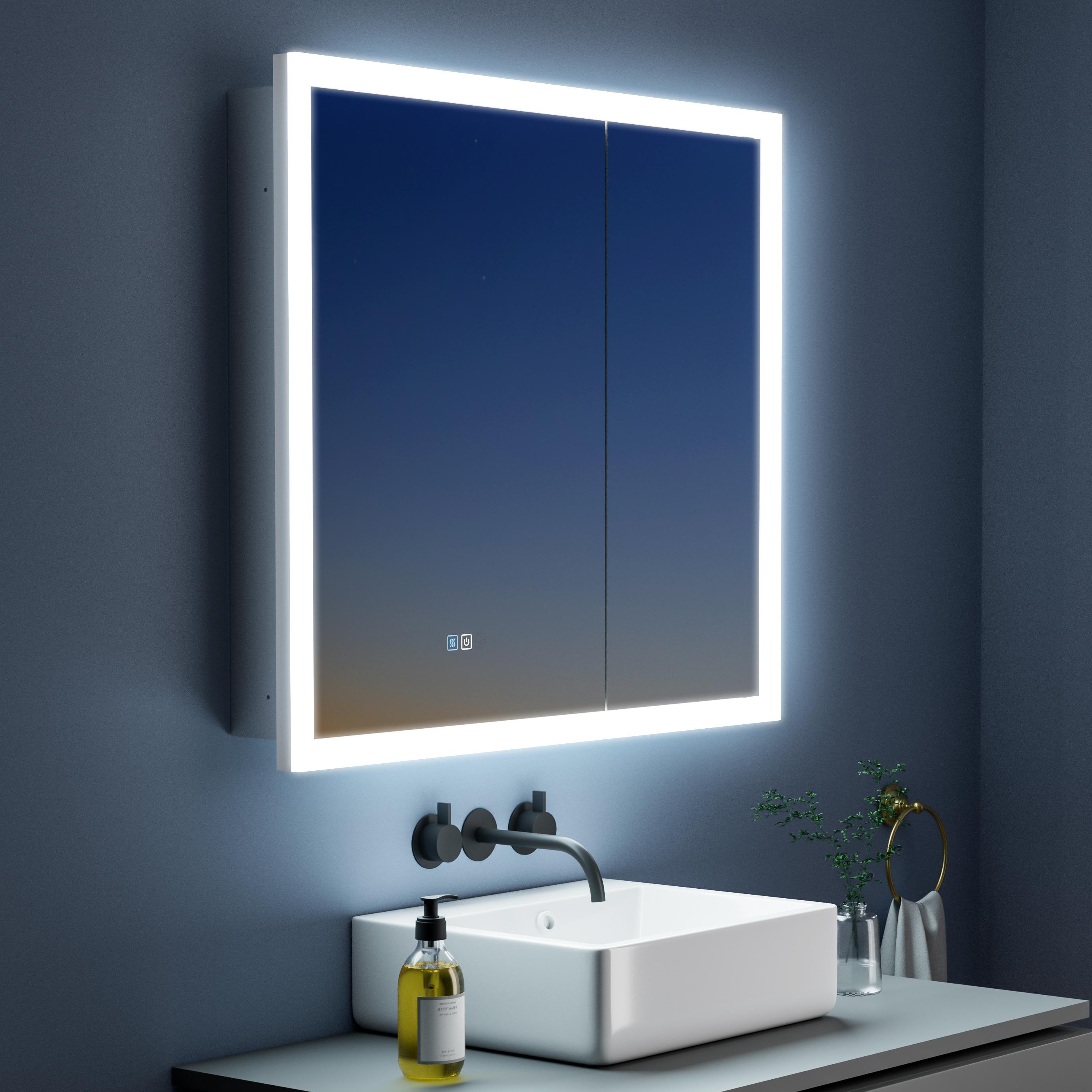 Forclover MCLE-W133632 36-in x 32-in Lighted LED Fog Free Surface/Recessed Mount Silver Mirrored Rectangle Soft Close Medicine Cabinet with Outlet